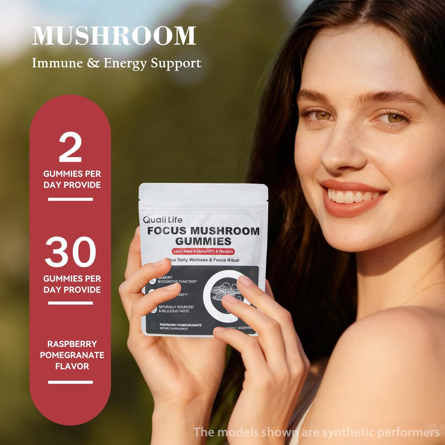 QualiLife Mushroom Gummies with Lion’s Mane, Alpha-GPC & Rhodiola - 12 in 1 Mushroom Complex Supplement with Reishi, Cordyceps, Chaga & Turkey Tail – Brain Focus & Memory Support, 60 Gummies