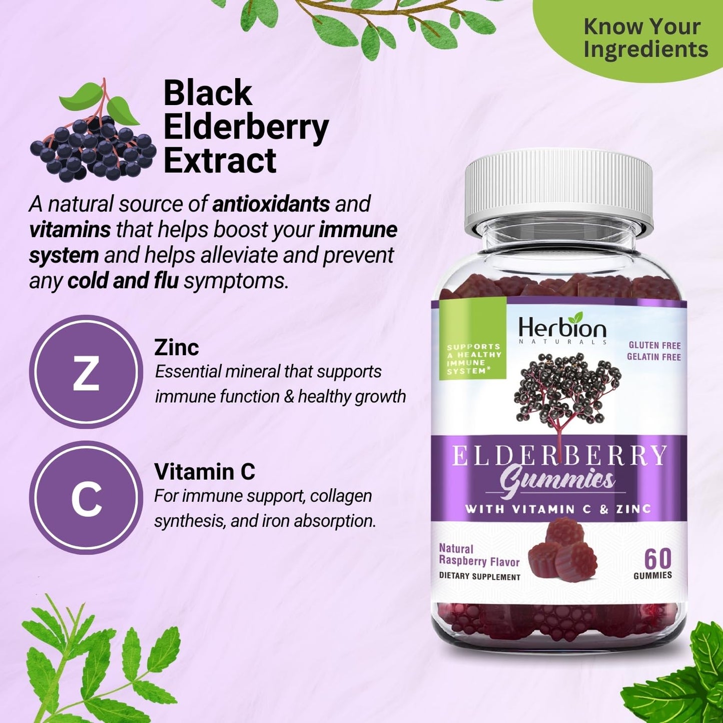 HERBION Elderberry Gummies with Vitamin C & Zinc Pack of 4