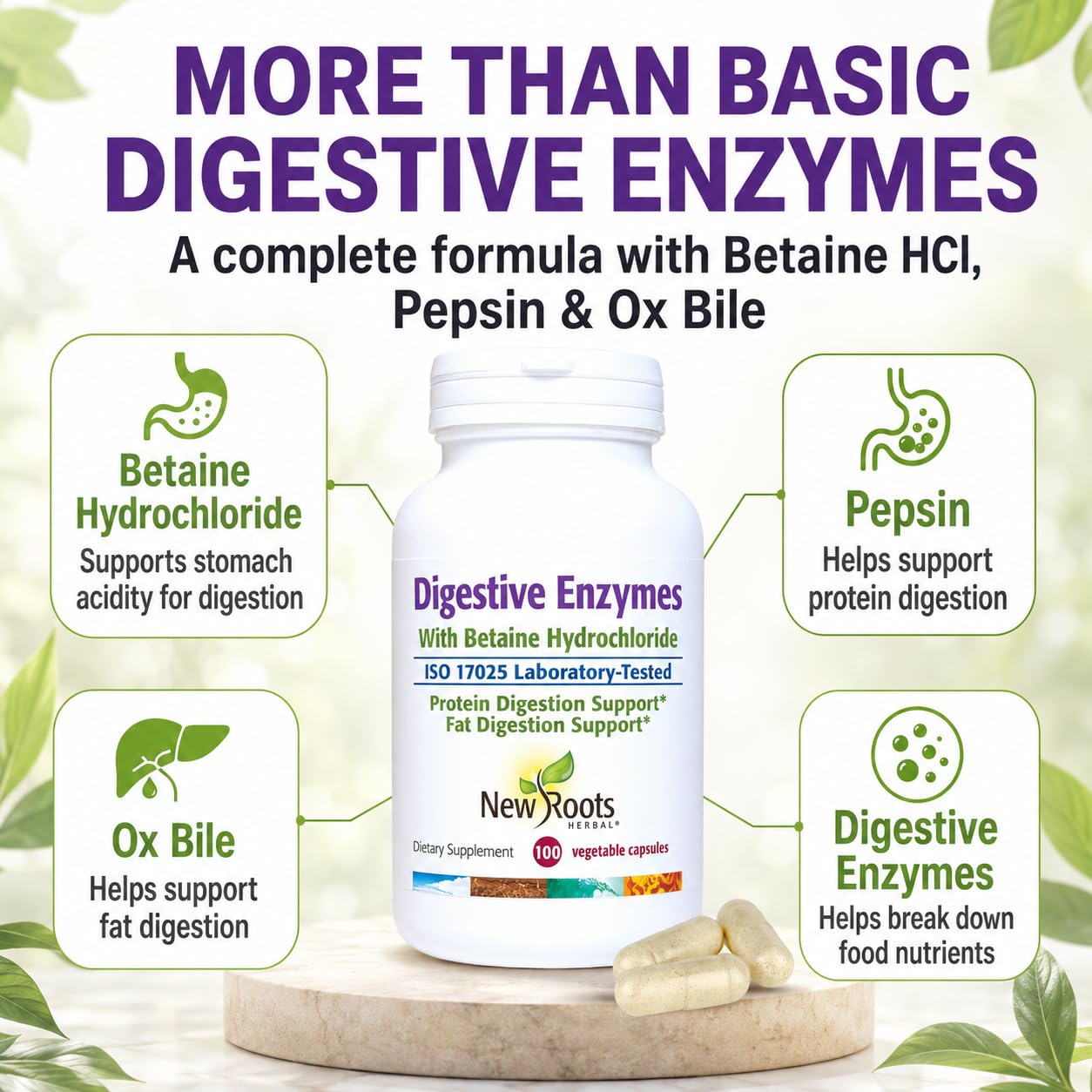 NEW ROOTS HERBAL Digestive Enzymes with Ox Bile and Betaine HCl Capsule, 100 Count