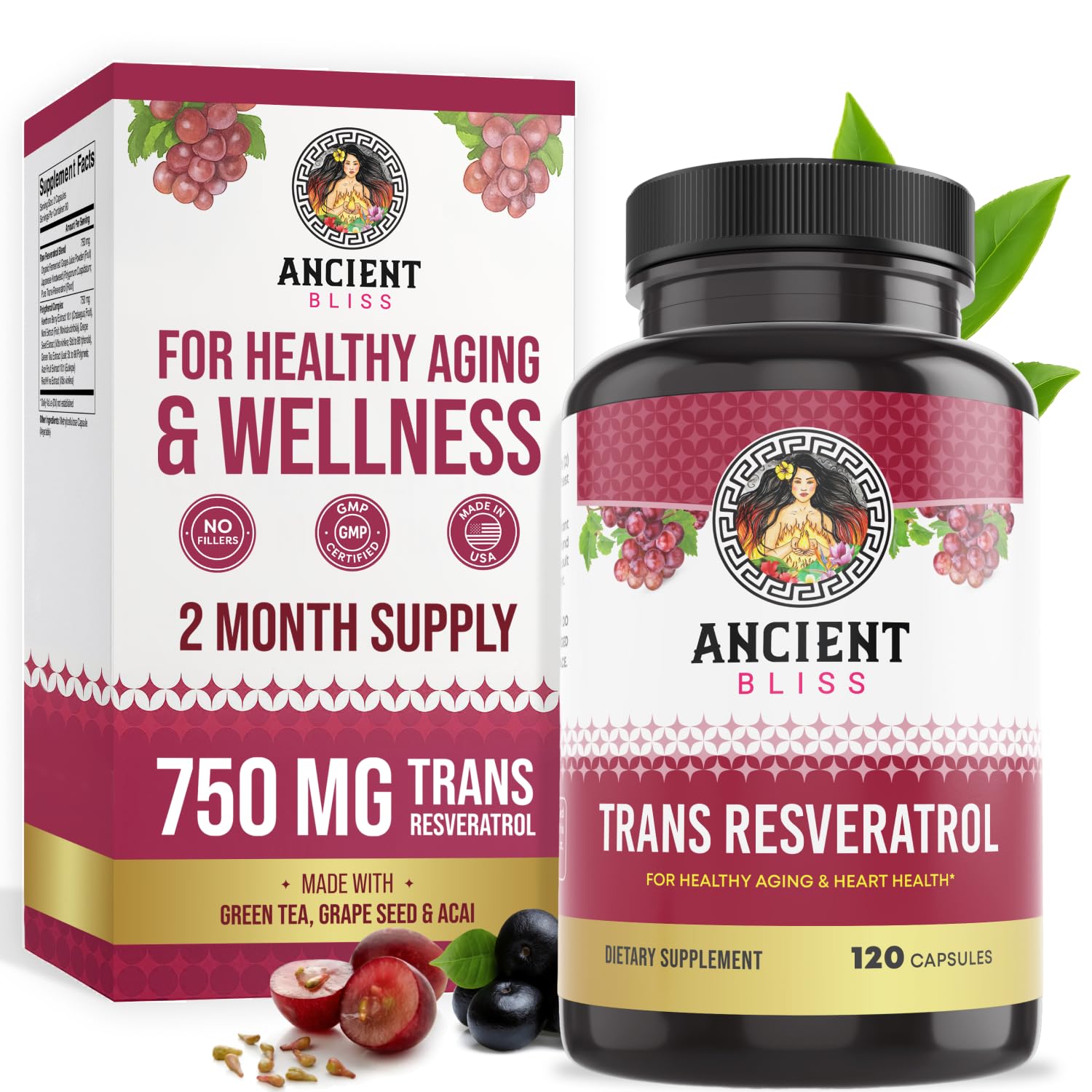 Ancient Bliss Resveratrol Powerful Antioxidant Supplement with Green Tea, Grape Seed Extract Capsules, 120 Capsules