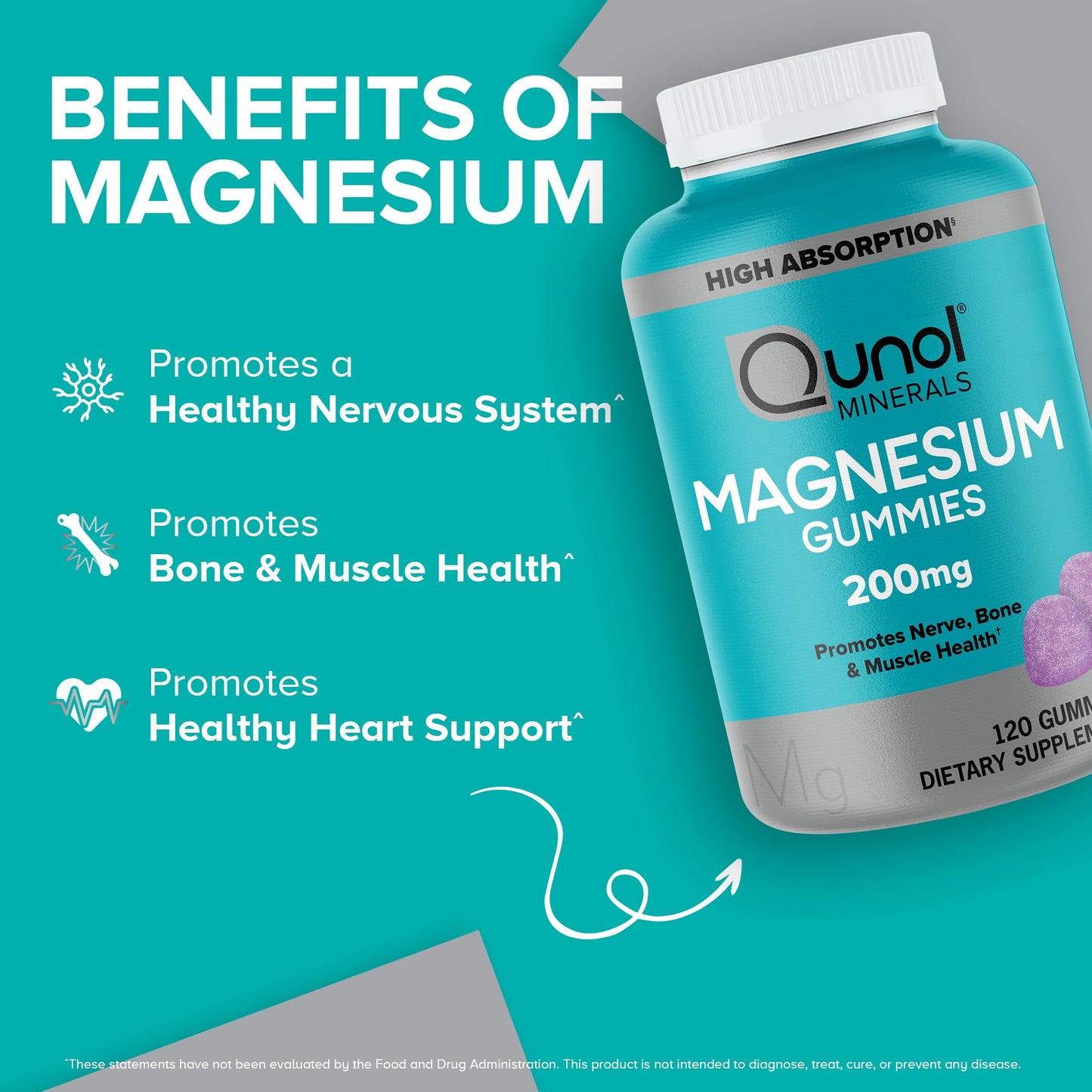 Qunol Magnesium Gummies for Adults 200mg Elemental Magnesium, Gummy, 120 Count