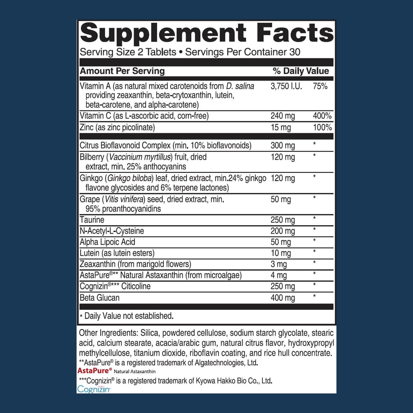Advanced Bionutritionals Advanced Vision Formula Supplement, Healthy Vision, Eye Function Support, Eye Vitamins, Lutein, Zeaxanthin, Vitamin A, C, Zinc, Gluten Free, Dairy Free, Vegan, 60 Tablets