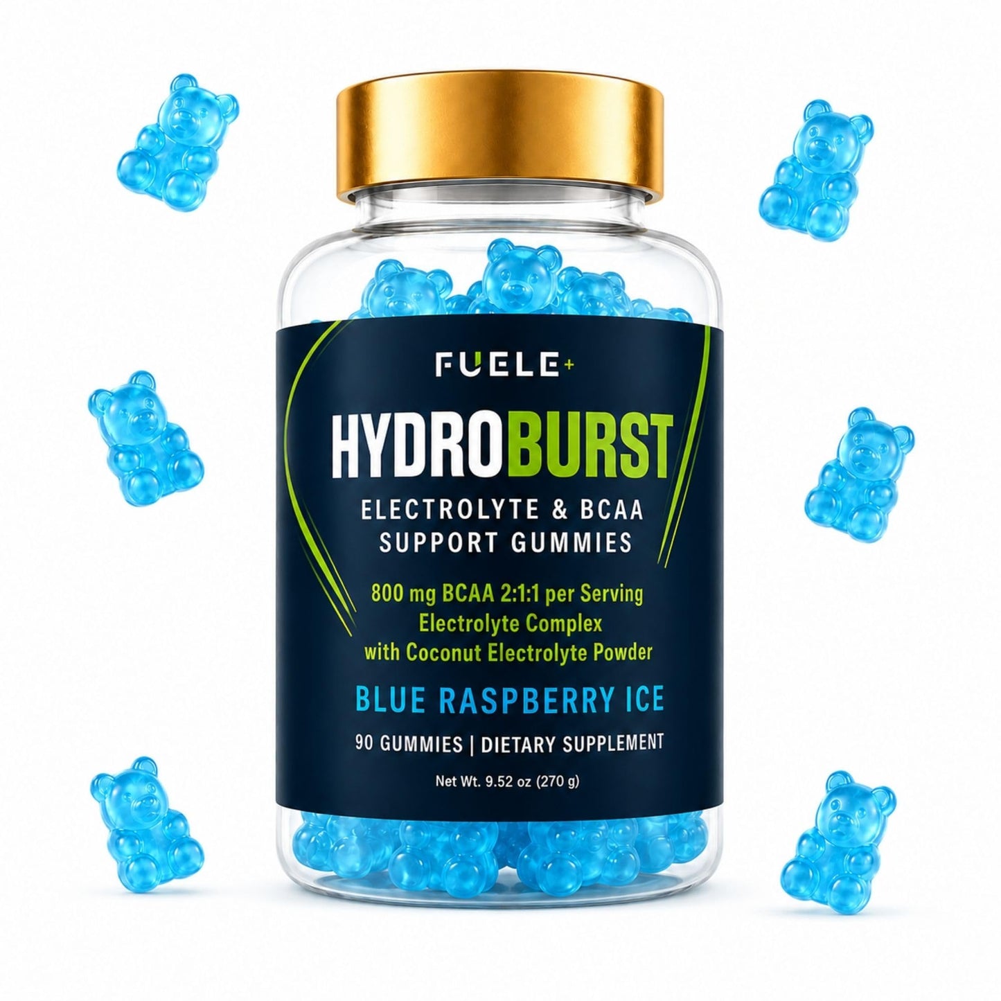 FUELE+ Electrolyte Gummies with BCAA 2:1:1 – Sugar Free Hydration Support Gummies with Potassium, Magnesium & Sodium, Coconut Electrolyte Powder – Vegan Blue Raspberry Gummies, 90 Count