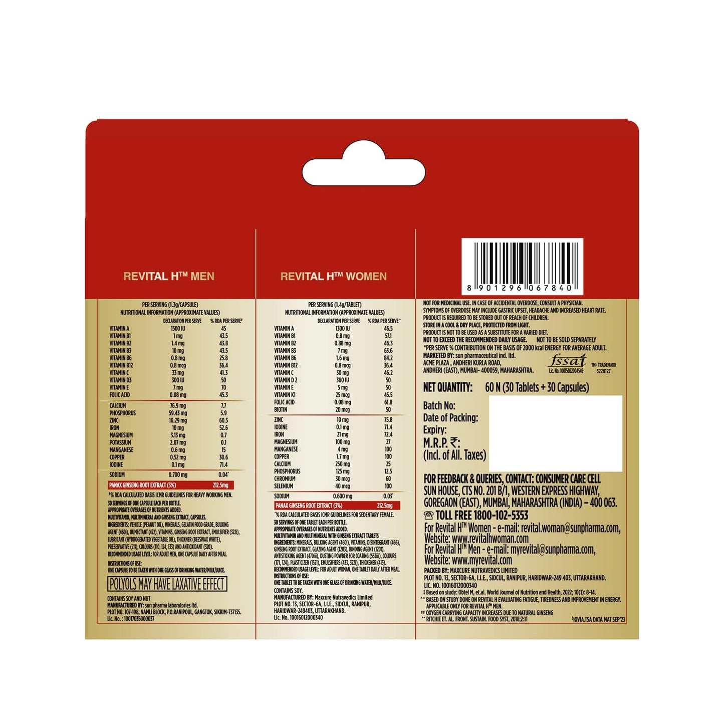 Revital H Wellness Duo Pack Multivitamins, Calcium, Zinc & Natural Ginseng Capsules, 2-Count