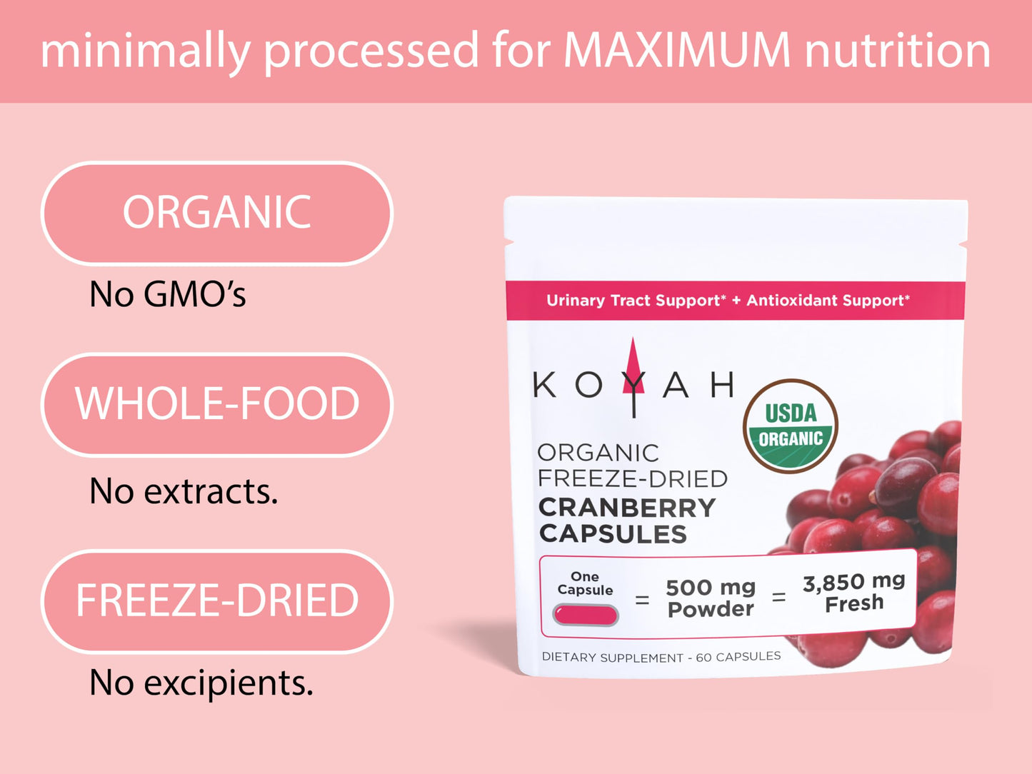 KOYAH Organic Cranberry Capsules, Freeze-Dried, 60 Count