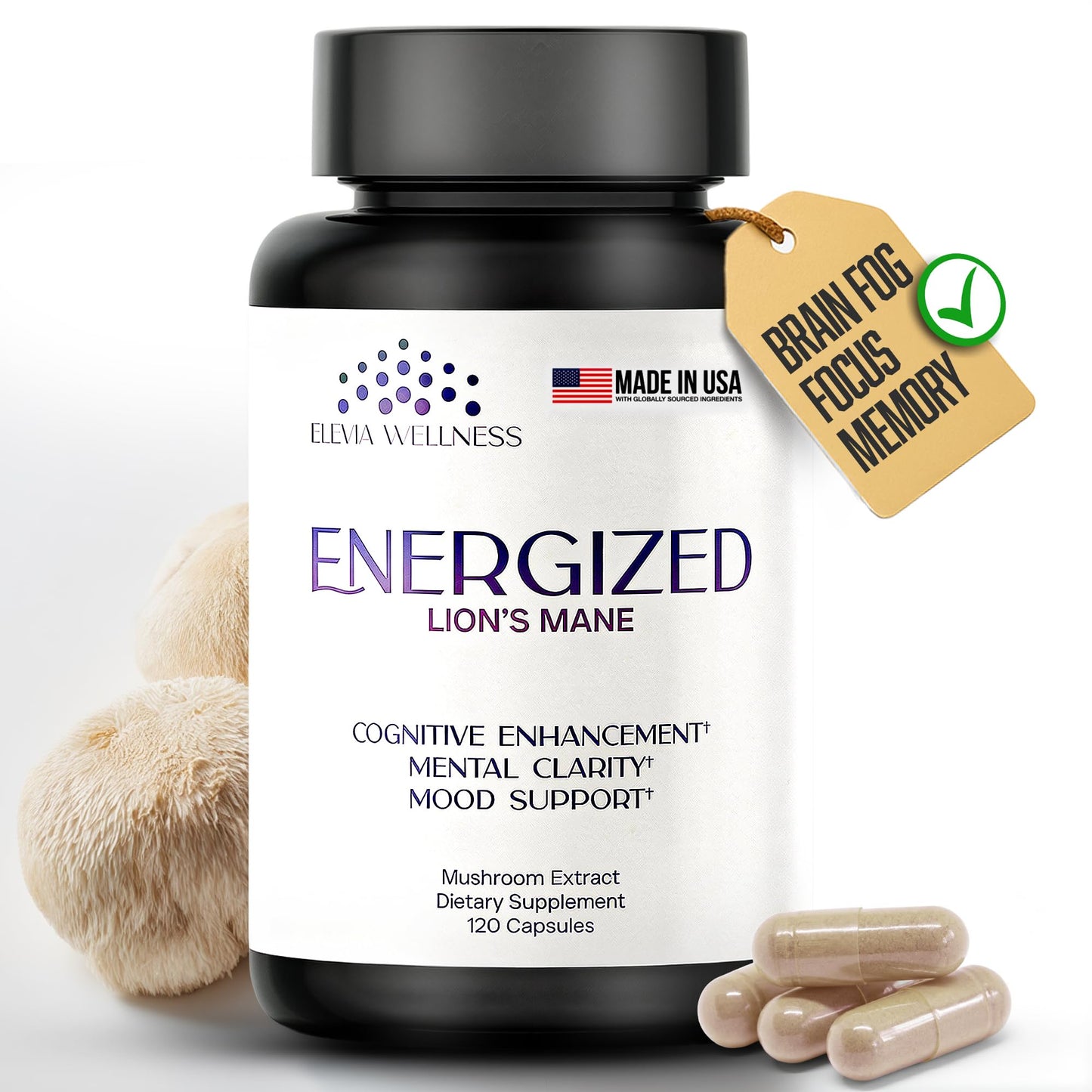 Elevia Wellness Energized Lions Mane Supplement 120 Capsules