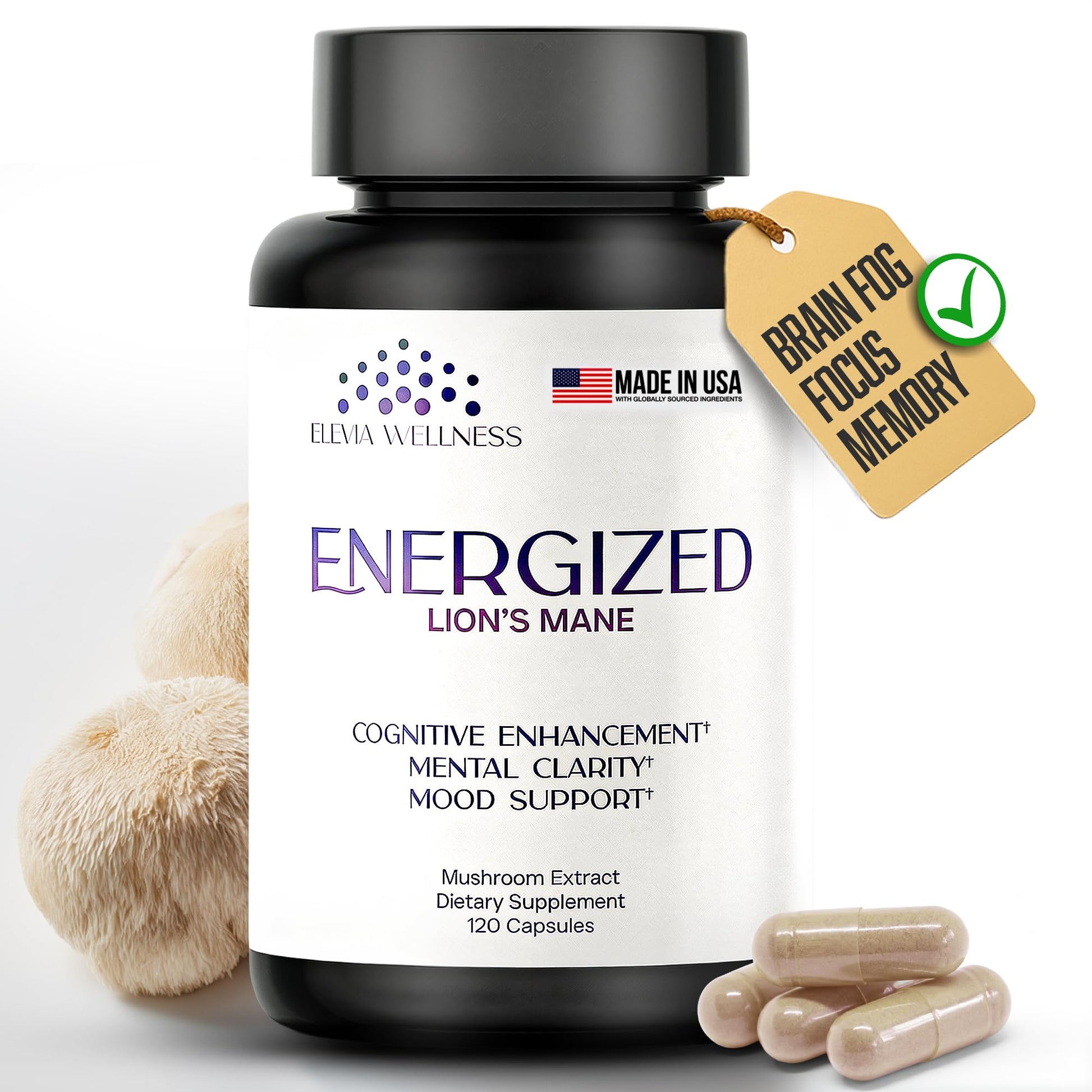 Elevia Wellness Energized Lions Mane Supplement 120 Capsules