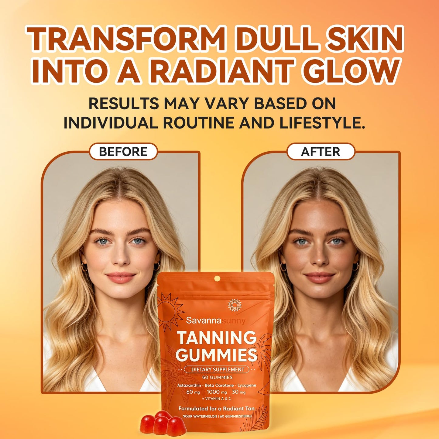 VITAL POWER Tanning Gummies for Women Beta-Carotene Astaxanthin Vitamin C&E Vegan Powder 6.34 Ounce