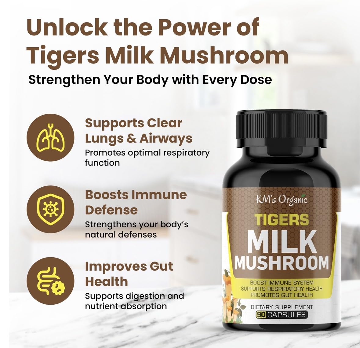 KM's Organic Tiger’s Milk Mushroom Supplement 10:1 Extract (Lignosus Rhinocerus) 90 Vegan Capsules