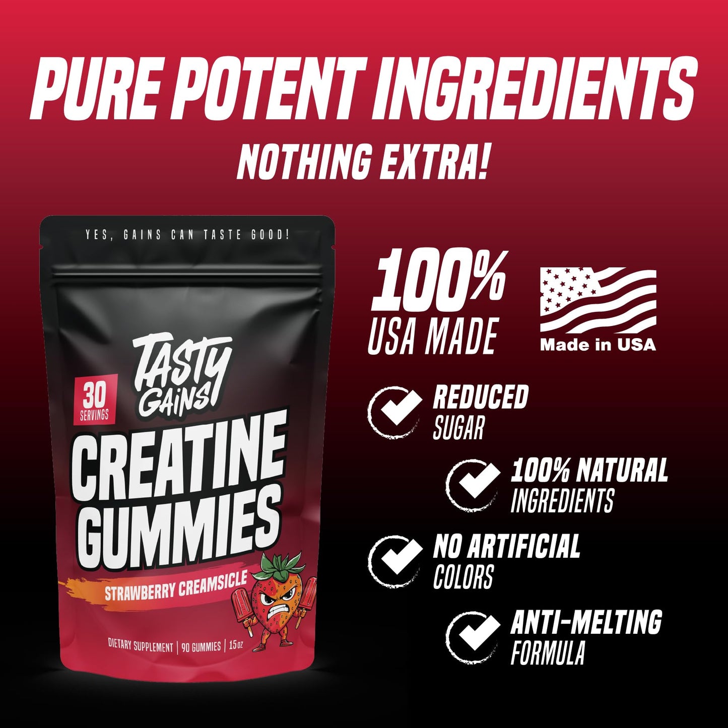 TASTY GAINS Creatine Gummies, 90 Count