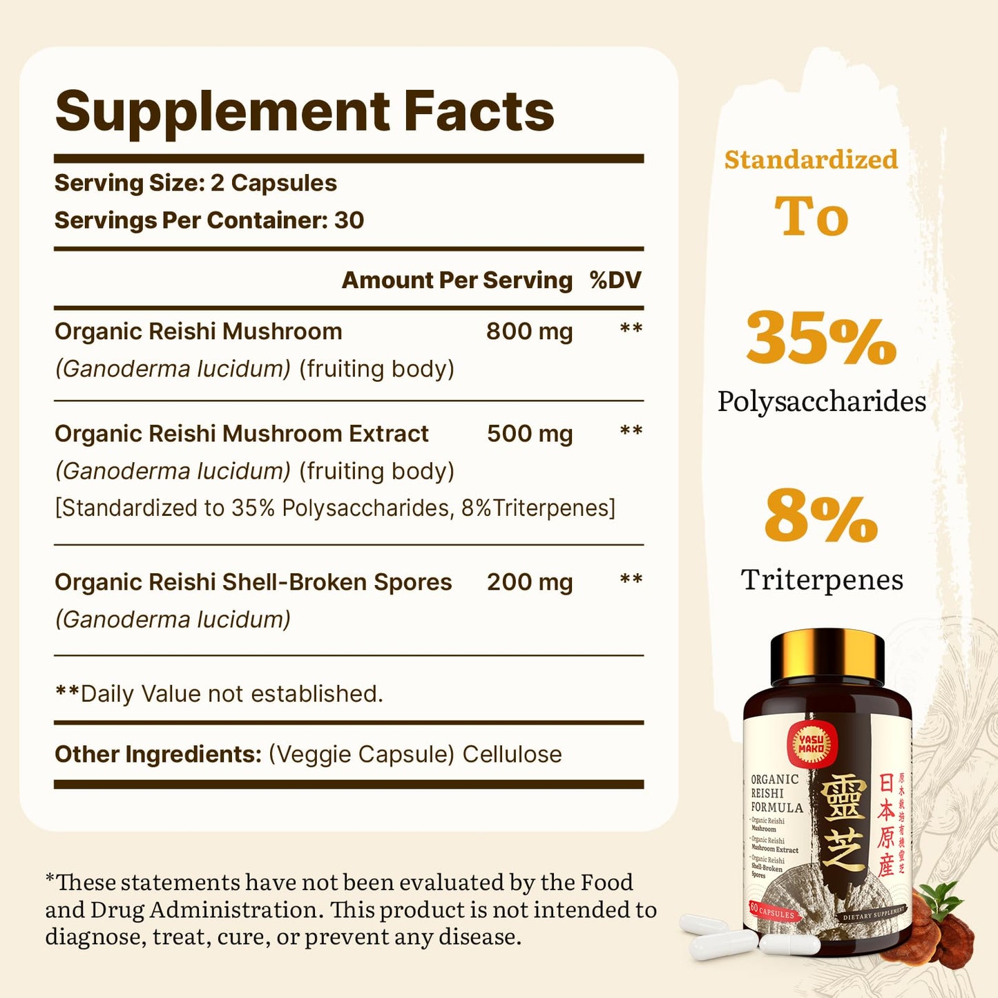 Yasumako Japanese Reishi Mushroom Supplement Capsules 120 Capsules