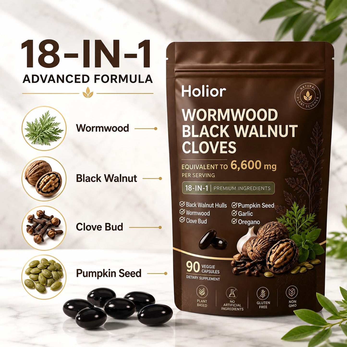 Fly Cleanse Holior Wormwood Black Walnut Cloves, 18-in-1 Herbal Formula, Digestive & Gut Balance Support Capsule, 1 Count