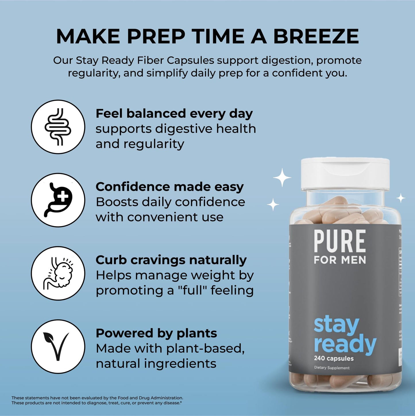 Pure for Men Original Cleanliness Stay Ready Fiber Supplement Capsules, 240 Count