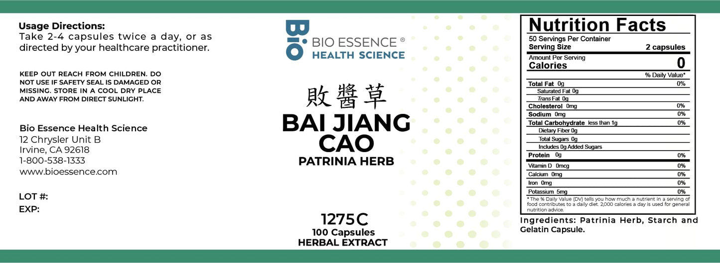 Bio Essence Health Science 1275C Bai Jiang Cao, Patrinia Herb (Raw) 100 Capsules