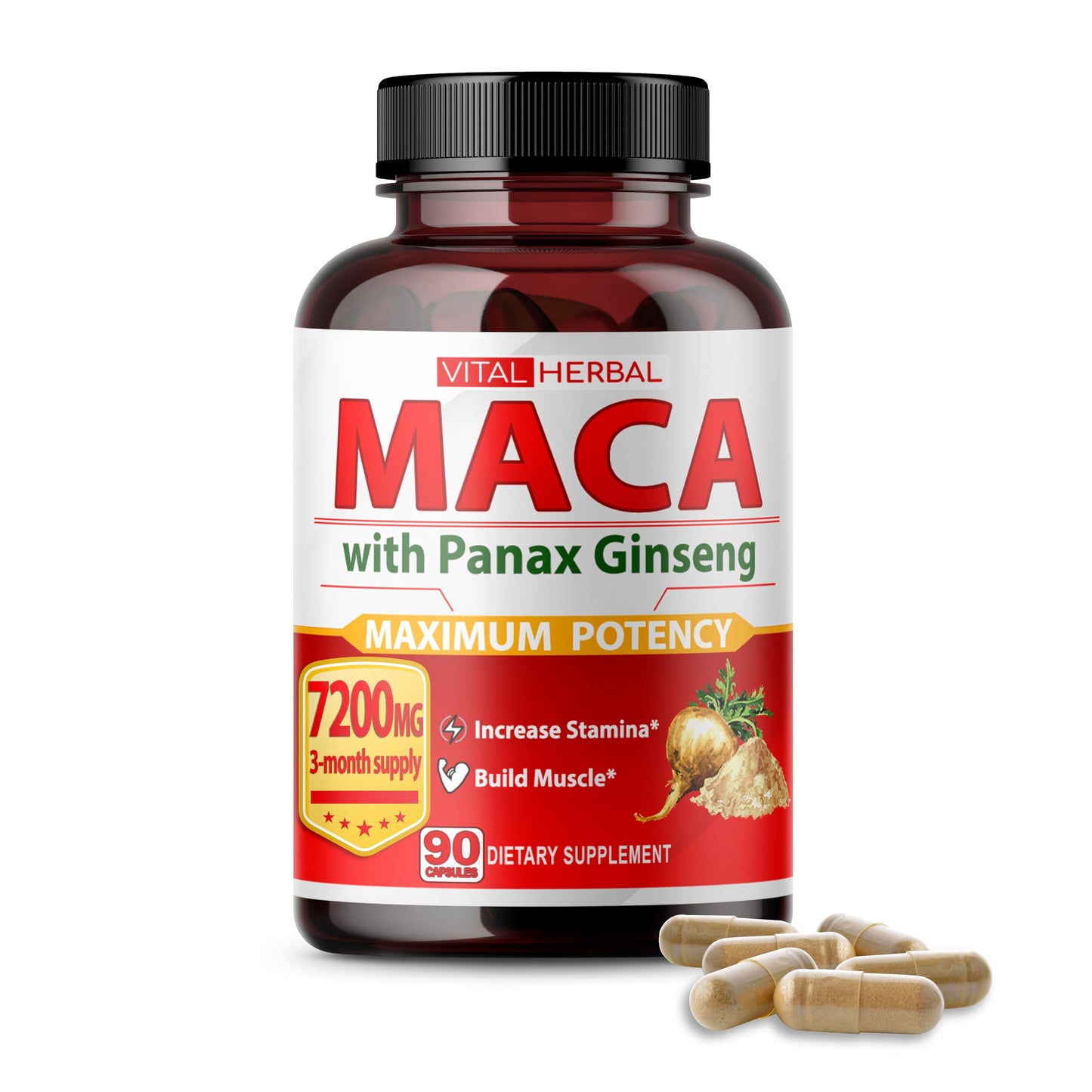Vital Herbal Maca Root Complex with Ashwagandha, Tongkat Ali, Tribulus, Horny Goat Weed & Panax Ginseng Capsules 90