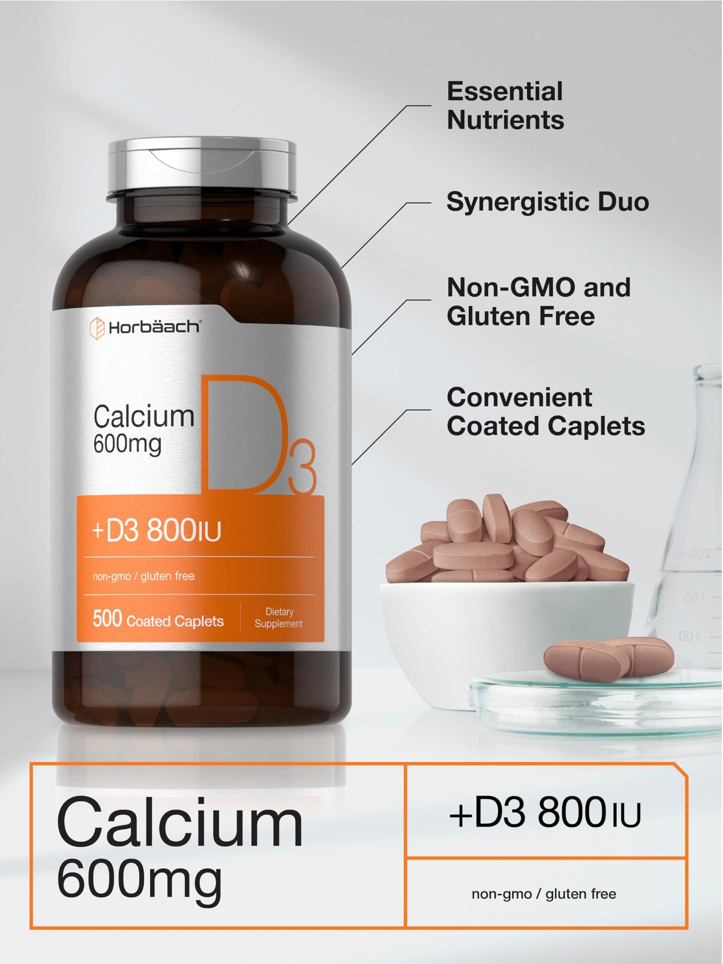 Horbäach Calcium 600 mg with Vitamin D3 Caplets, 500 Count