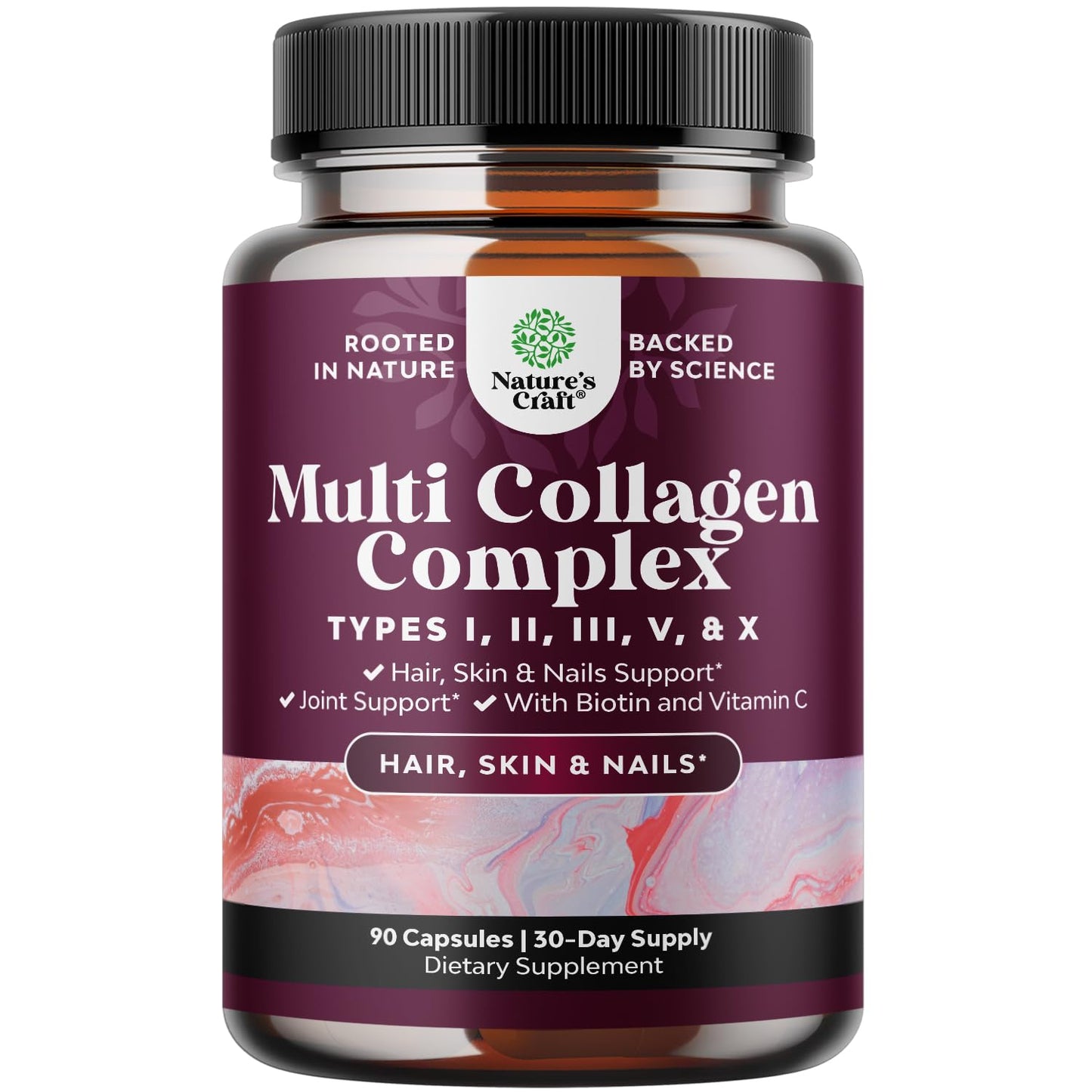 Natures Craft Advanced Multi Collagen Complex Ageless Multi Collagen Peptides with Type 1 2 3 5 & X & Biotin for Hair, Skin and Nails Capsule 90 Count