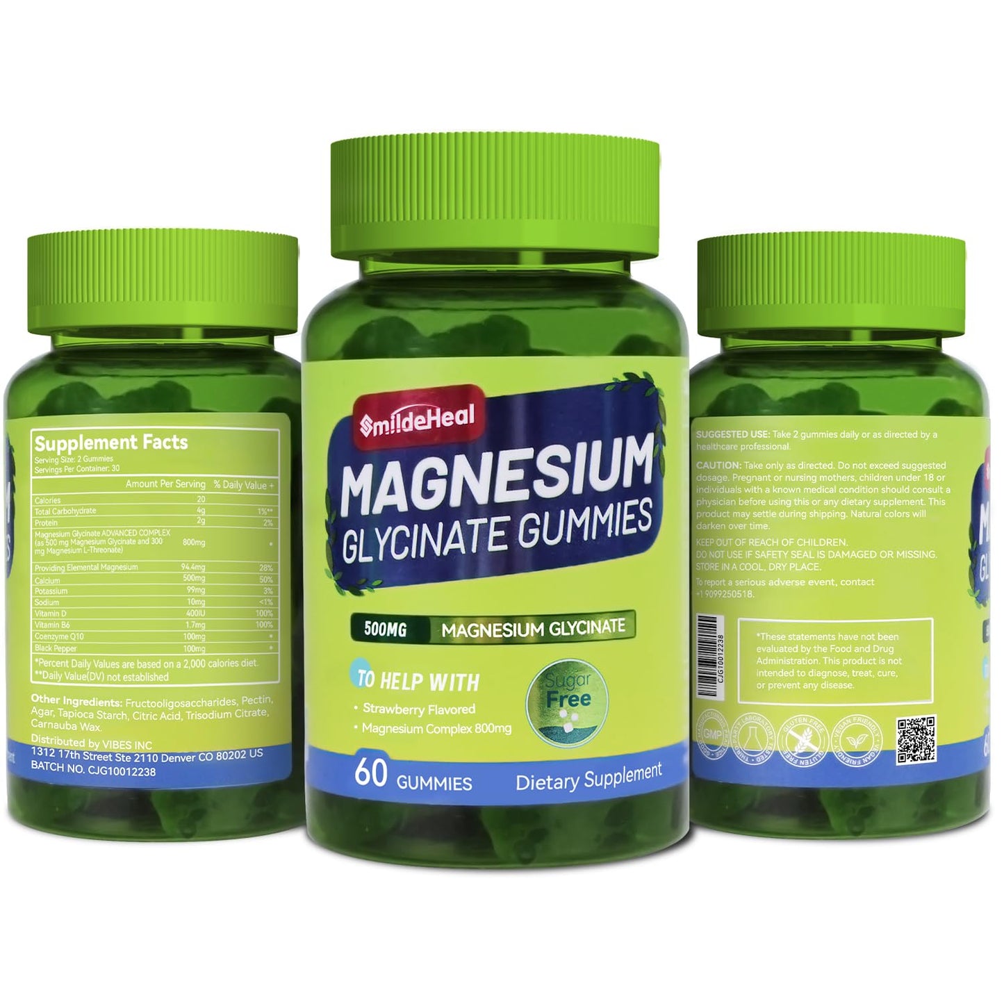 SmildeHeal Magnesium Glycinate Gummies 500mg with L-Threonate 300mg, Sugar-Free Magnesium Potassium Supplement with Vitamin D, B6, CoQ10 - Strawberry Flavored, 120 Gummies
