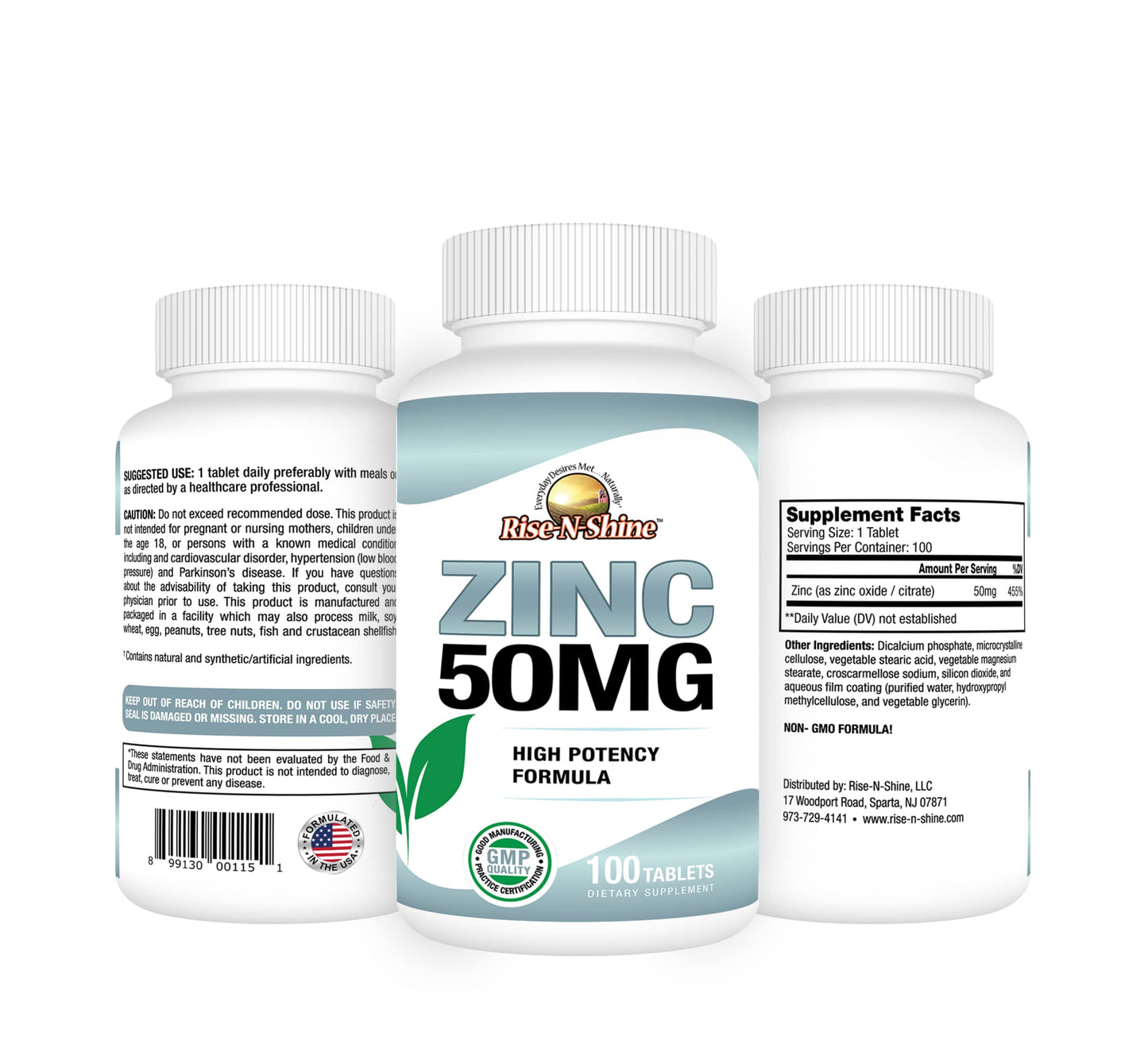 Rise-N-Shine Zinc Supplements 50 mg Tablets, Immune Support, 100 Count
