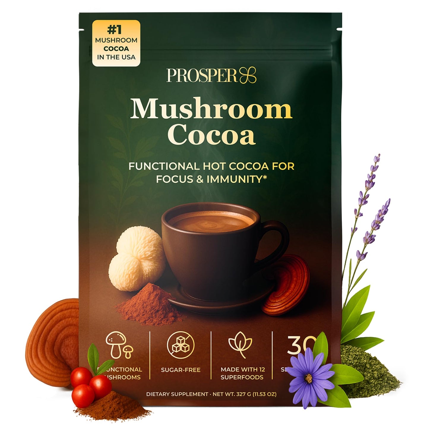 Prosper Mushroom Cocoa Powder for Focus & Immunity (Lion's Mane, Cordyceps, Chaga, Reishi, Turkey Tail) & Ashwagandha - Energy, Gut & Stress Support - Coffee Alternative & Hot Chocolate 11 Servings
