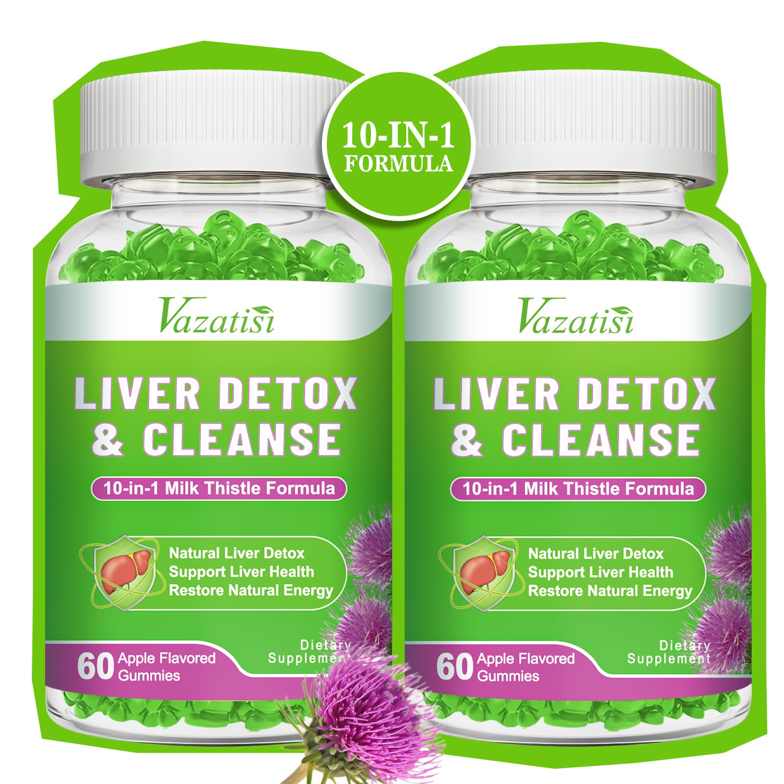 Vazatisi Liver Cleanse Detox Repair Gummies, Milk Thistle with Artichoke & Dandelion for Liver Support, Apple Flavor, 120 Count