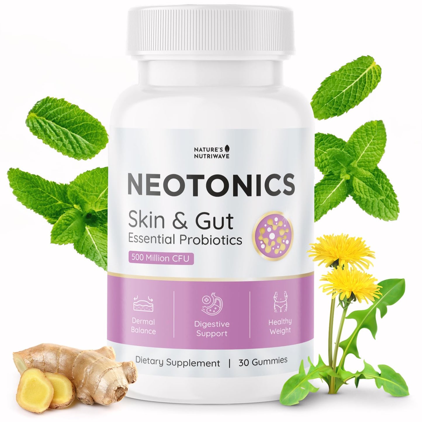 Nature’s NutriWave Neotonics Probiotic Gummy with Bacillus Coagulans, Prebiotic Inulin & Botanical Blend, Non-GMO, Stimulant-Free Formula, 30 Gummies