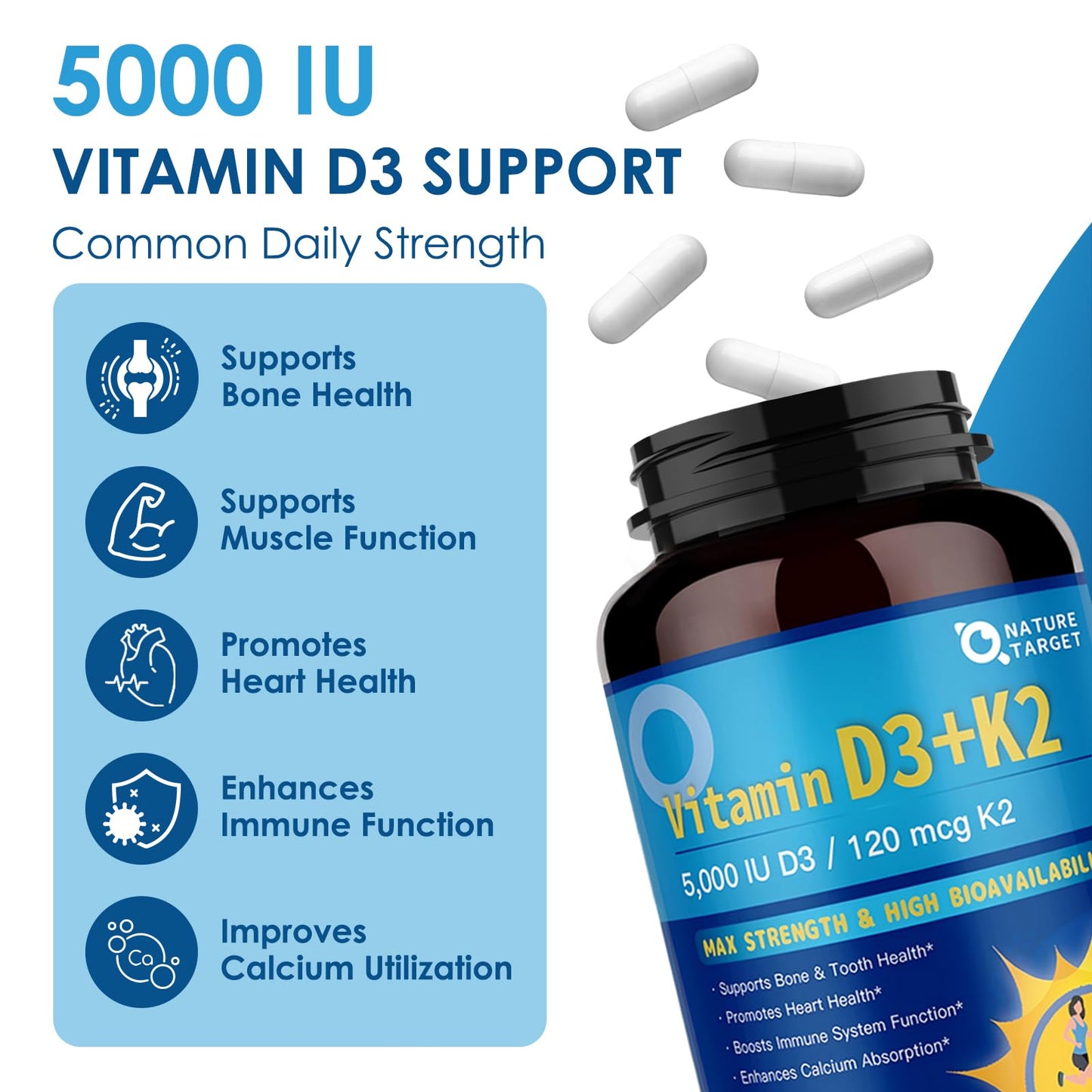 NATURE TARGET Vitamin D3 K2 with Calcium & Magnesium 6-in-1 Complex Capsule, 120 Count