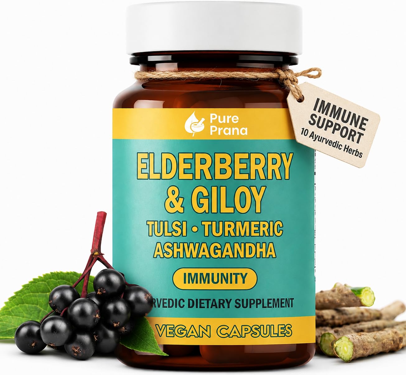 Pure Prana Immune Support Supplement – Elderberry & Giloy 10-Herb Blend 60 Capsules