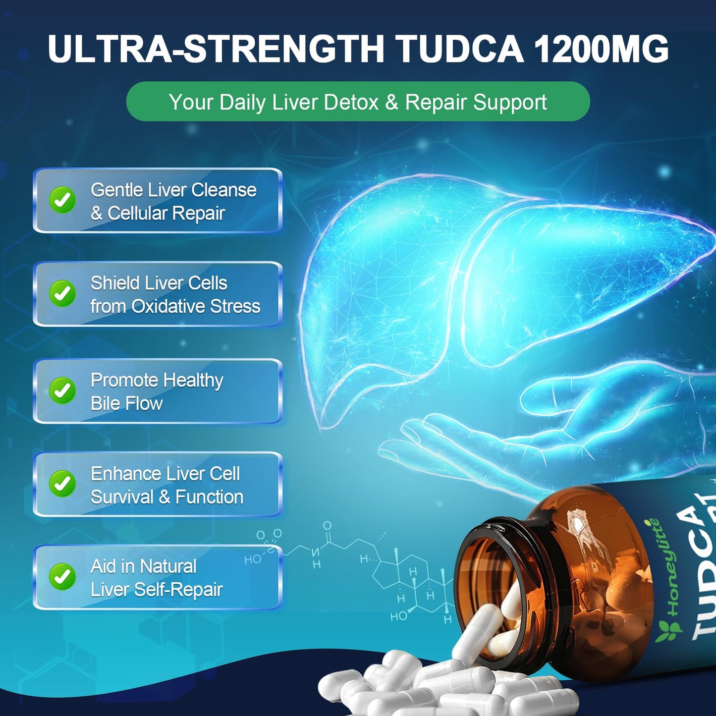 Honeylitte TUDCA 1200mg Tauroursodeoxycholic Acid Capsules, 90 Count