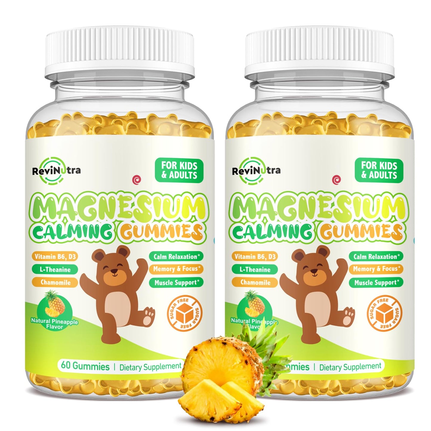 ReviNutra Magnesium Glycinate Gummies with L-Theanine, Vitamin B6, D3, Pineapple Flavor, 120 Gummies
