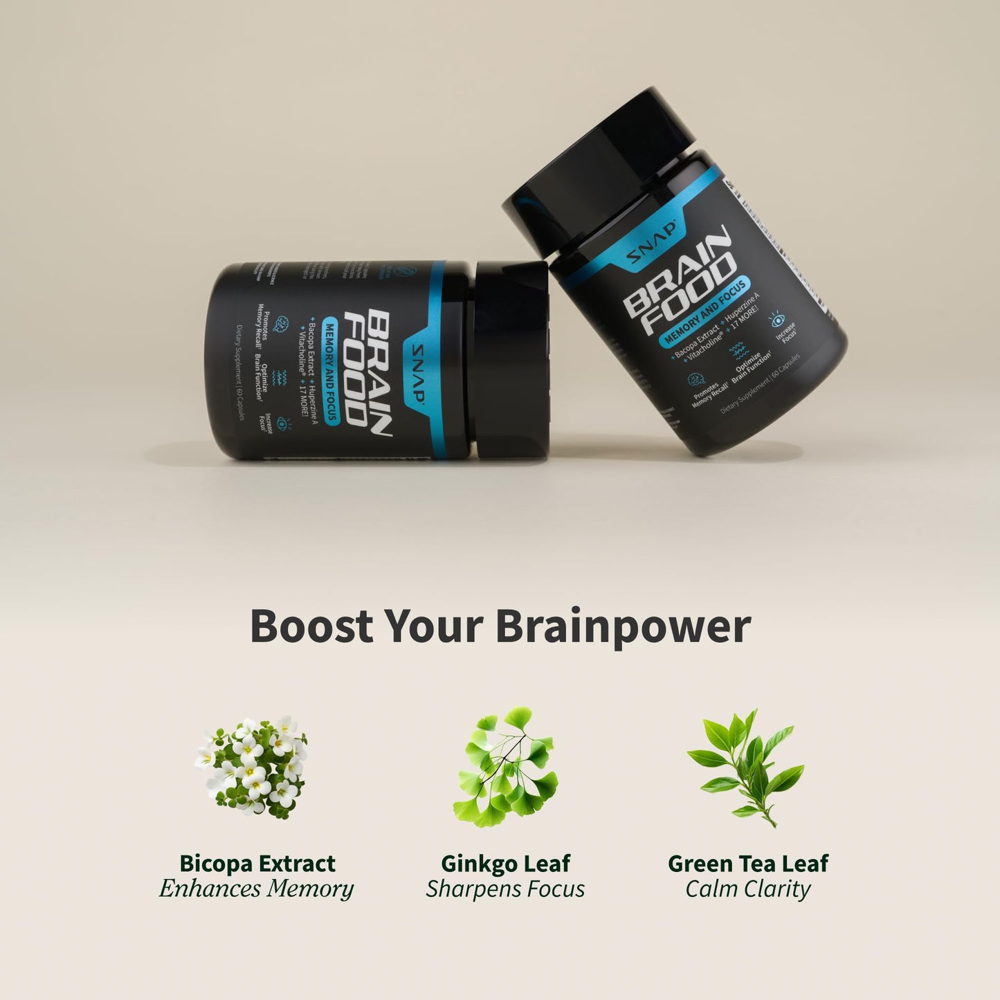 Snap Supplements Brain Booster Nootropics Supplement for Memory, Focus & Clarity, Bacopa Extract, Ginkgo Biloba, 60 Capsules