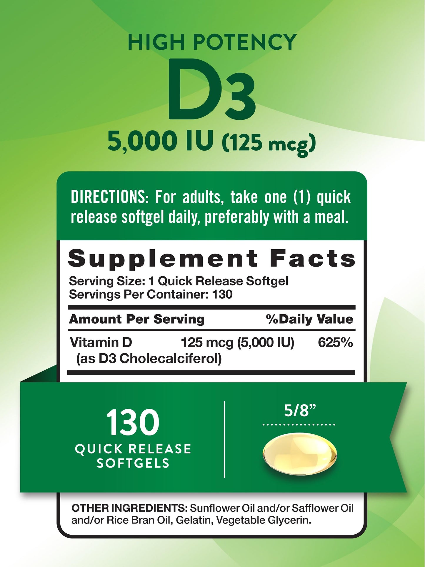 Nature's Truth Vitamin D3 5000 IU Softgels, 130 Count