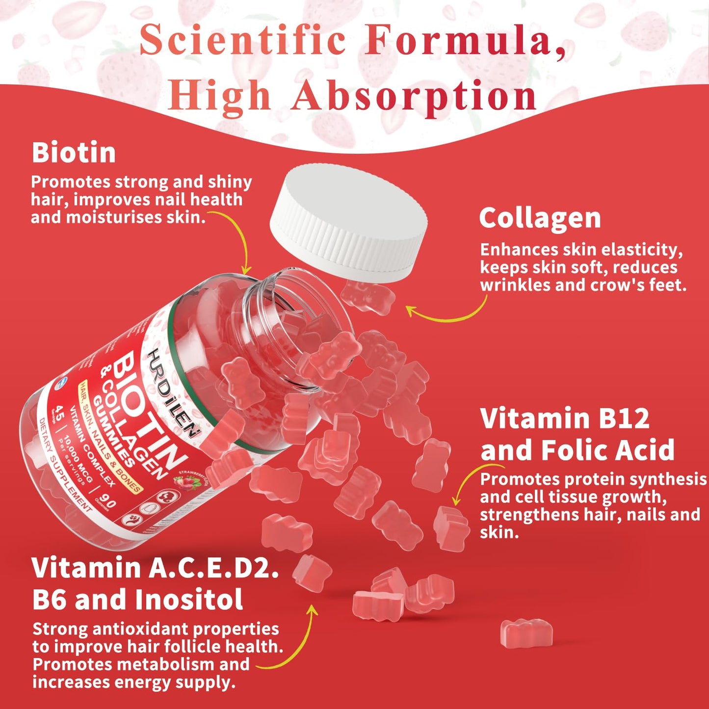 Hurdilen Hair Skin and Nails Gummies Biotin Collagen, 10000mcg, 90 Gummies
