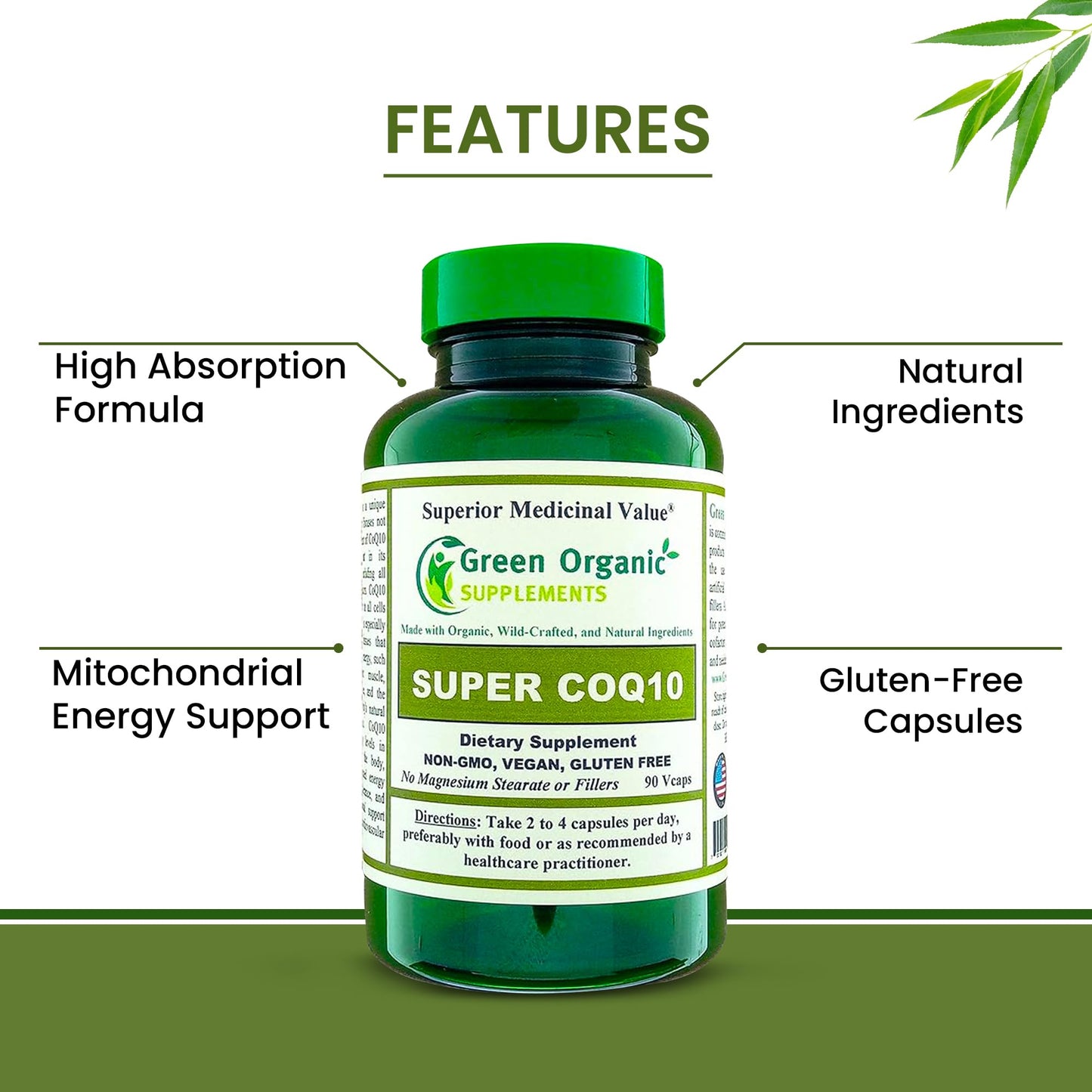 Green Organic Supplements CoQ10 (Ubiquinone), 90 Capsules