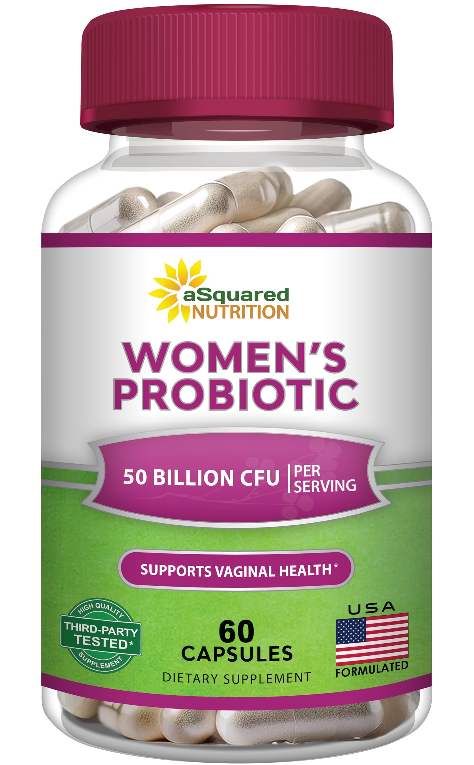 aSquared Nutrition Probiotics for Women - 50 Billion CFU Probiotic Supports Digestive, Gut, Vaginal & Urinary Tract Health, Prebiotics for Females 60 Capsules