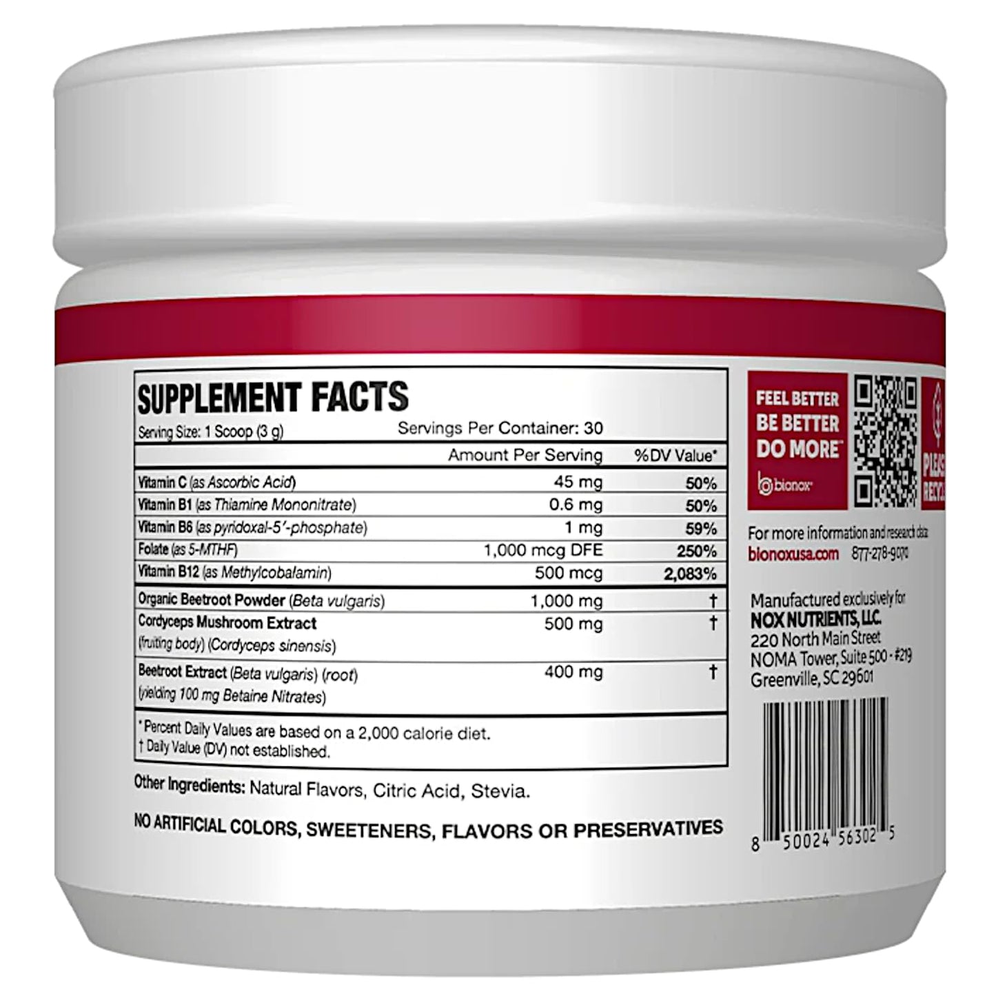 BioNox Nutrients Beet Fuel with VIT B-12 & Cordyceps Powder, 3.25 Ounces