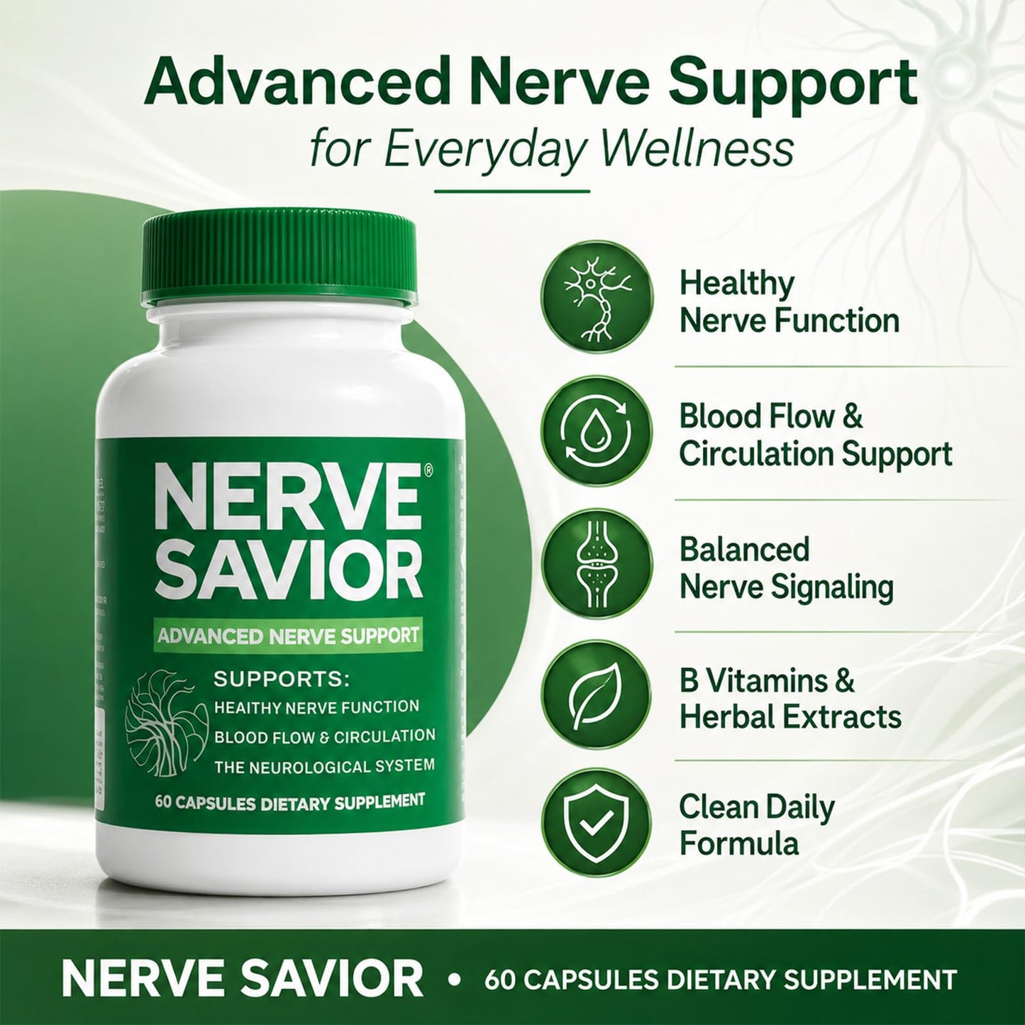 Nerve Savior Advanced Nerve Support with B Vitamins & Herbal Extracts, 60 Capsules