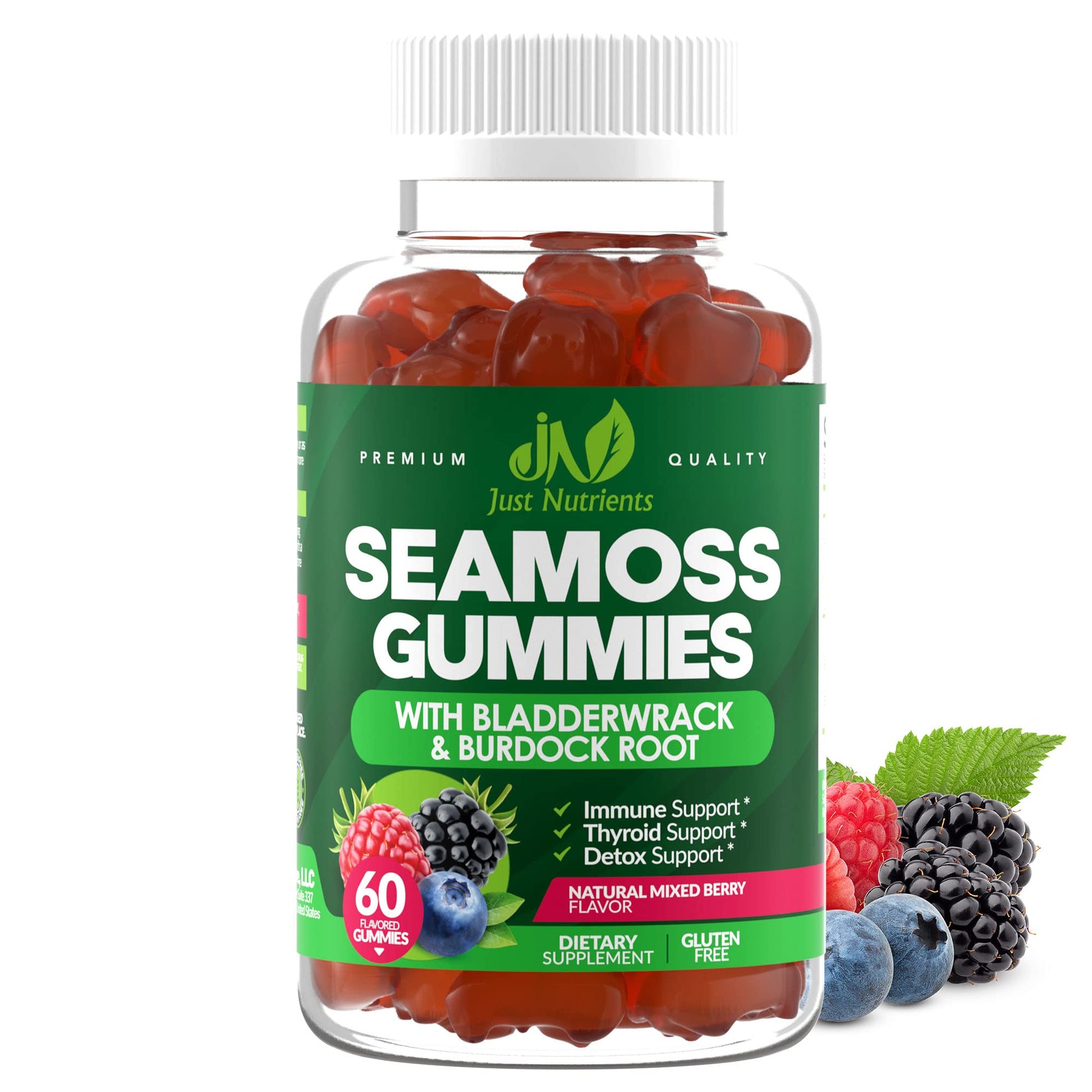 Just Nutrients Sea Moss 3000mg Gummies with Bladderwrack and Burdock Root, 60 Count