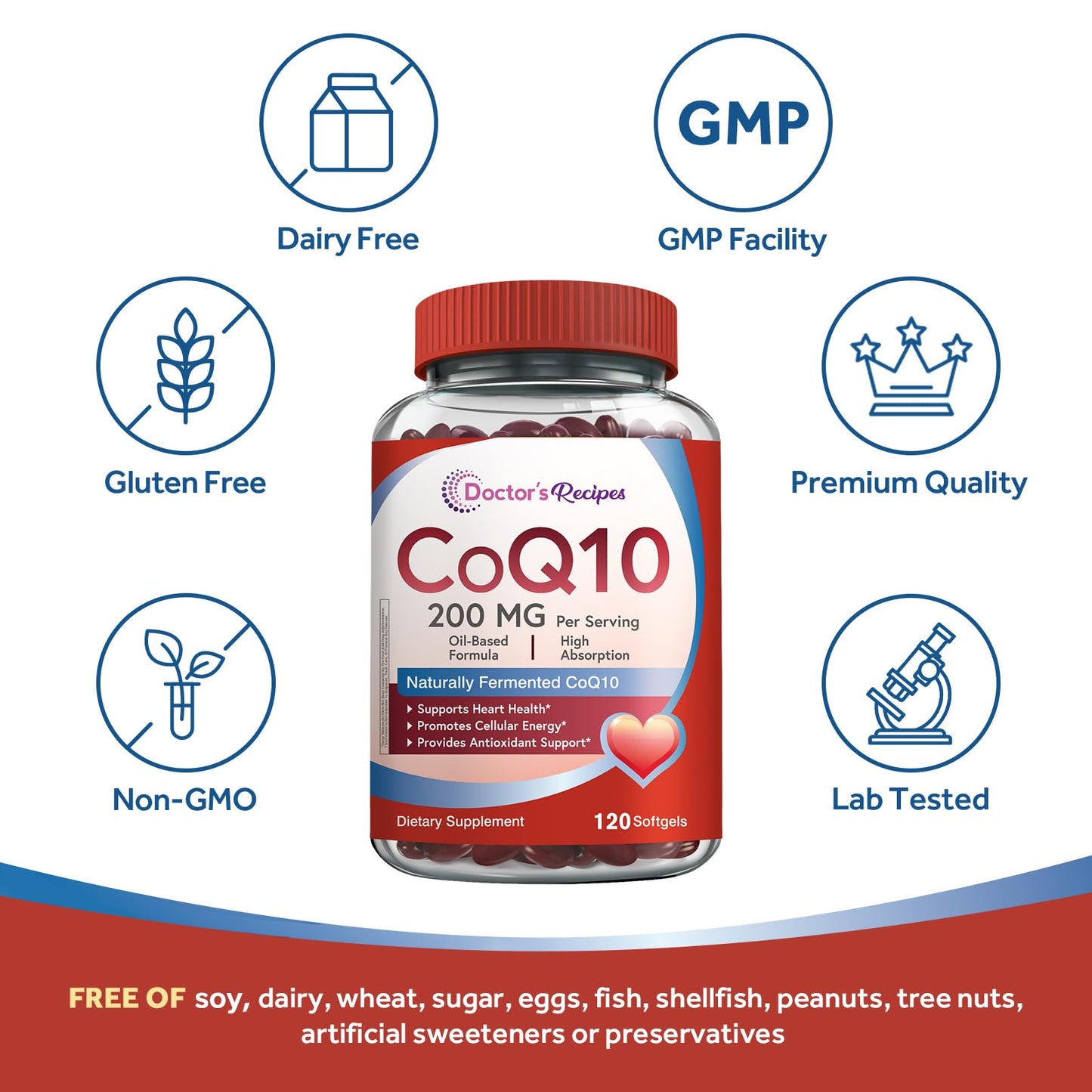 Doctor's Recipes CoQ10 200mg High-Absorption Coenzyme Q10 Supplement with Olive Oil, Heart & Vascular Health, Energy Production & Antioxidant Support, 120 Softgels