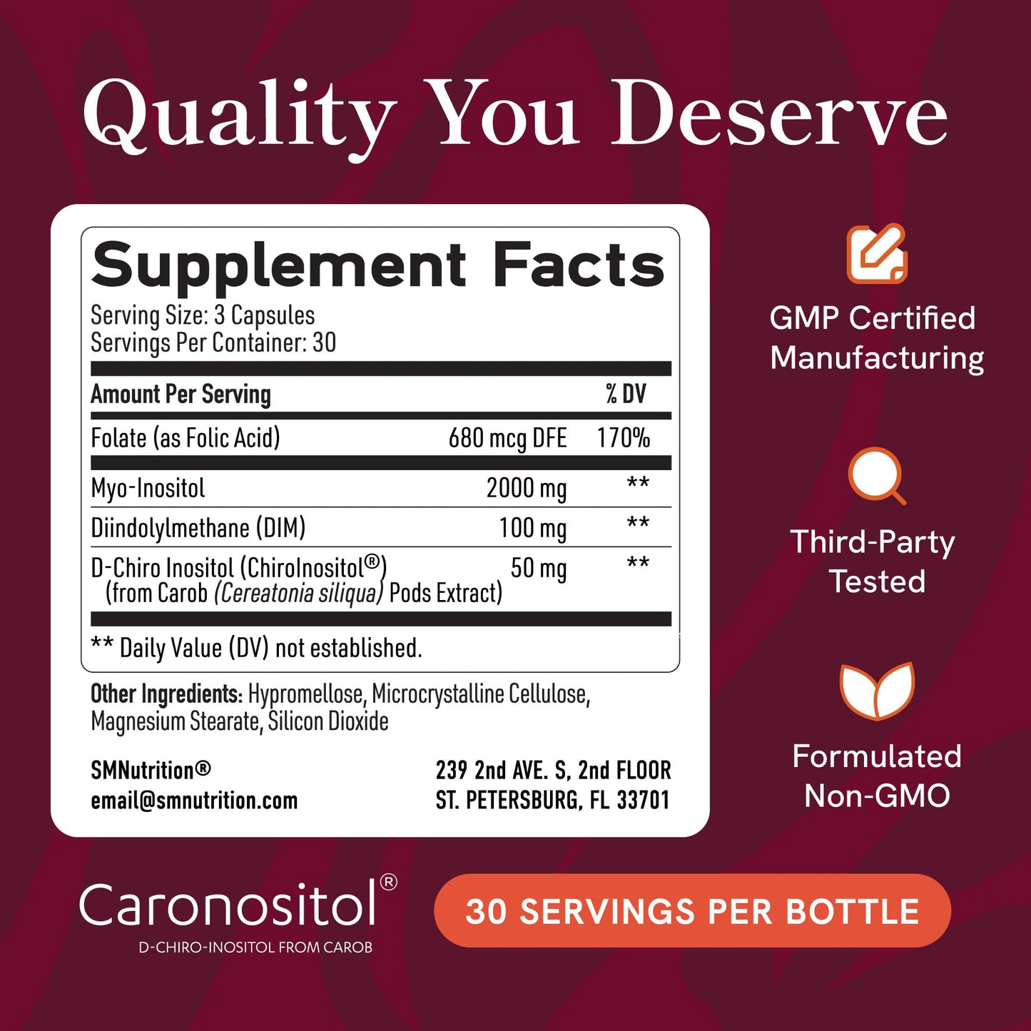 SMNutrition Ovarian Support for Hormone Balance for Women DIM Supplement with Myo-Inositol & D-Chiro Inositol & Folate Complex Capsules, 90 Count