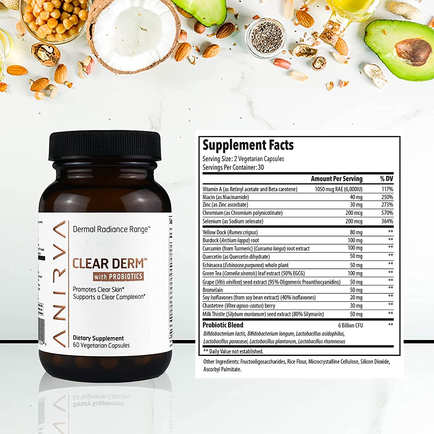 ANIRVA ClearDerm Clear Skin Supplement with Zinc & Probiotics Capsule, 60 Count