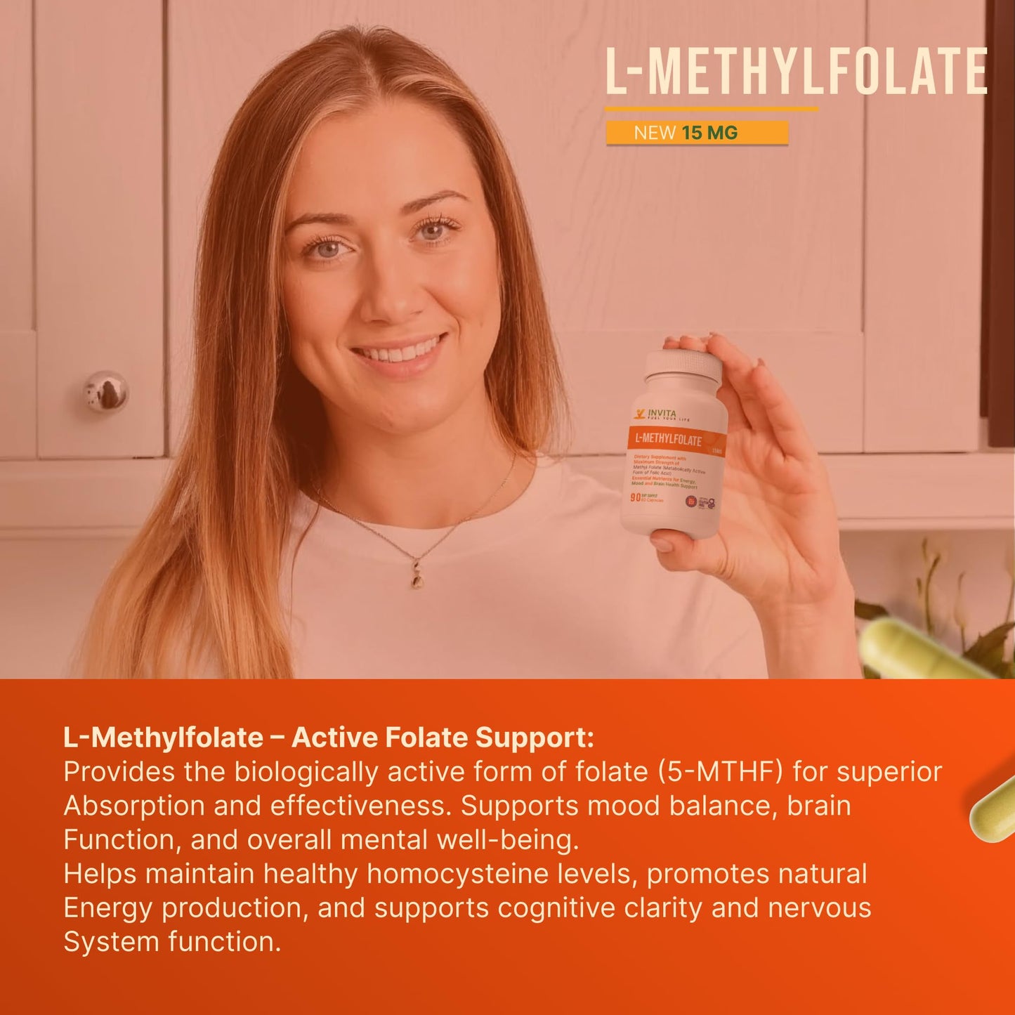INVITA L-Methylfolate 15mg – Physician Formulated 5-MTHF Active Methyl Folate Capsule, 90 Count