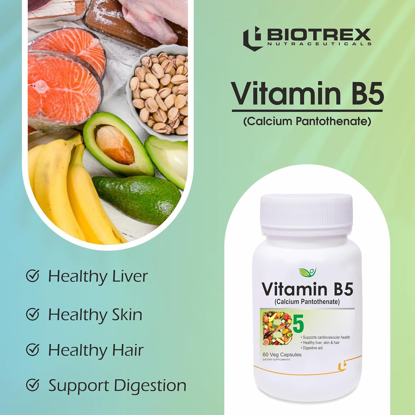 Generic Pub Vitamin B5 5mg (5000mcg), Calcium Pantothenate Supplement for Energy & Metabolism, 100% RDA Approved Capsules, 60 Capsules