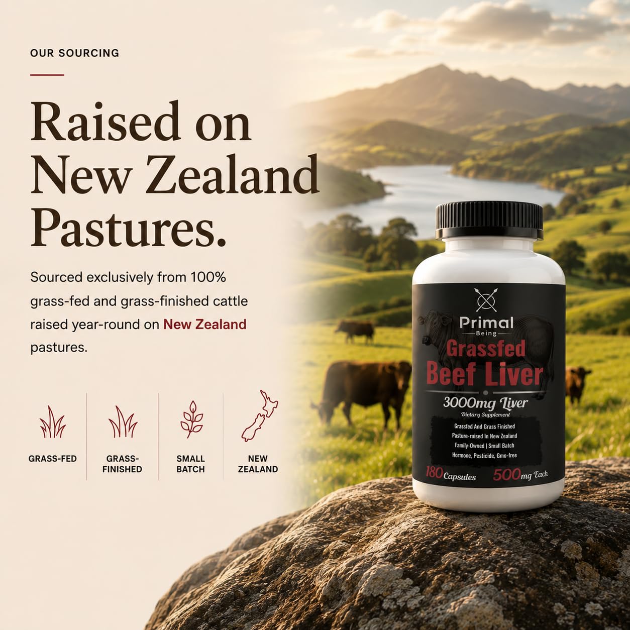 Primal Being Grassfed Beef Liver 3000mg Freeze Dried Capsules, 180 Count