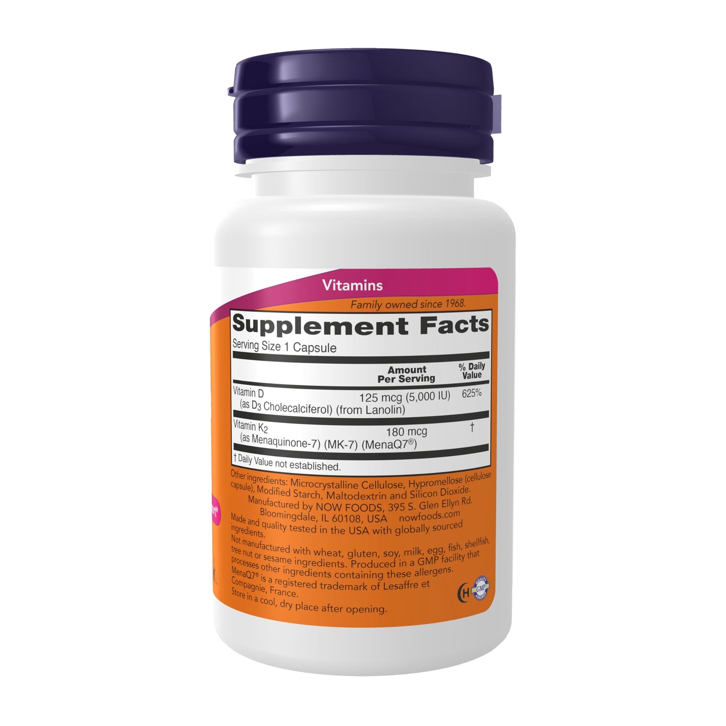 NOW Foods Mega D-3 & MK-7 with Vitamins D-3 & K-2, 5,000 IU/180 mcg, Bone & Cardiovascular Support, 60 Veg Capsules