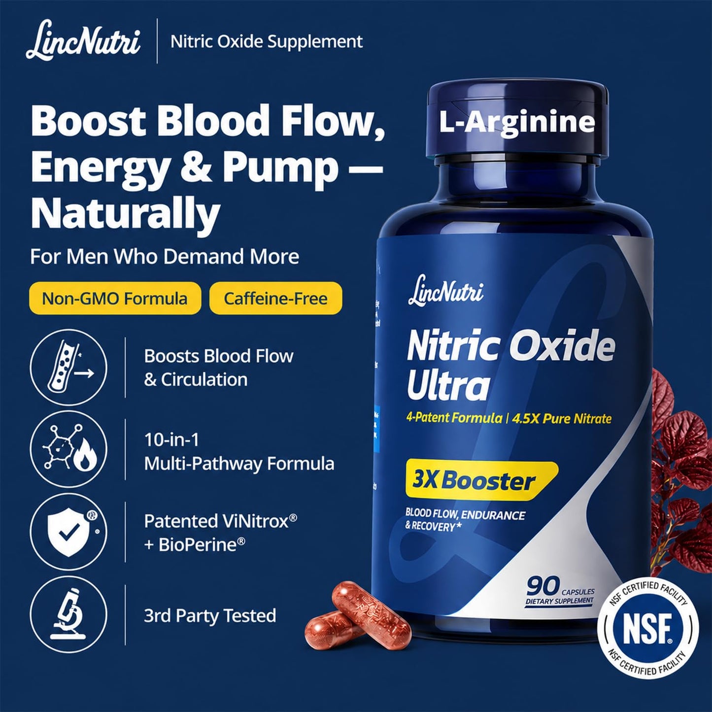 LincNutri Nitric Oxide Supplements for Men 1550mg L-Arginine HCl Nitric Oxide Booster with L-Citrulline, ViNitrox & Oxystorm 3-Pathway Complex with BioPerine, 90 Capsules