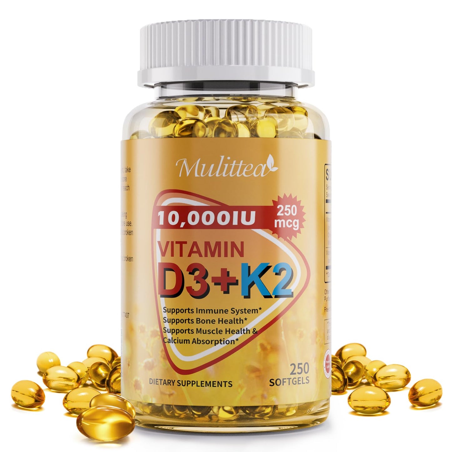 Mulittea Vitamin D3 K2 10000 IU w/ MK7 for Bone, Immune & Heart Health Softgels, 250