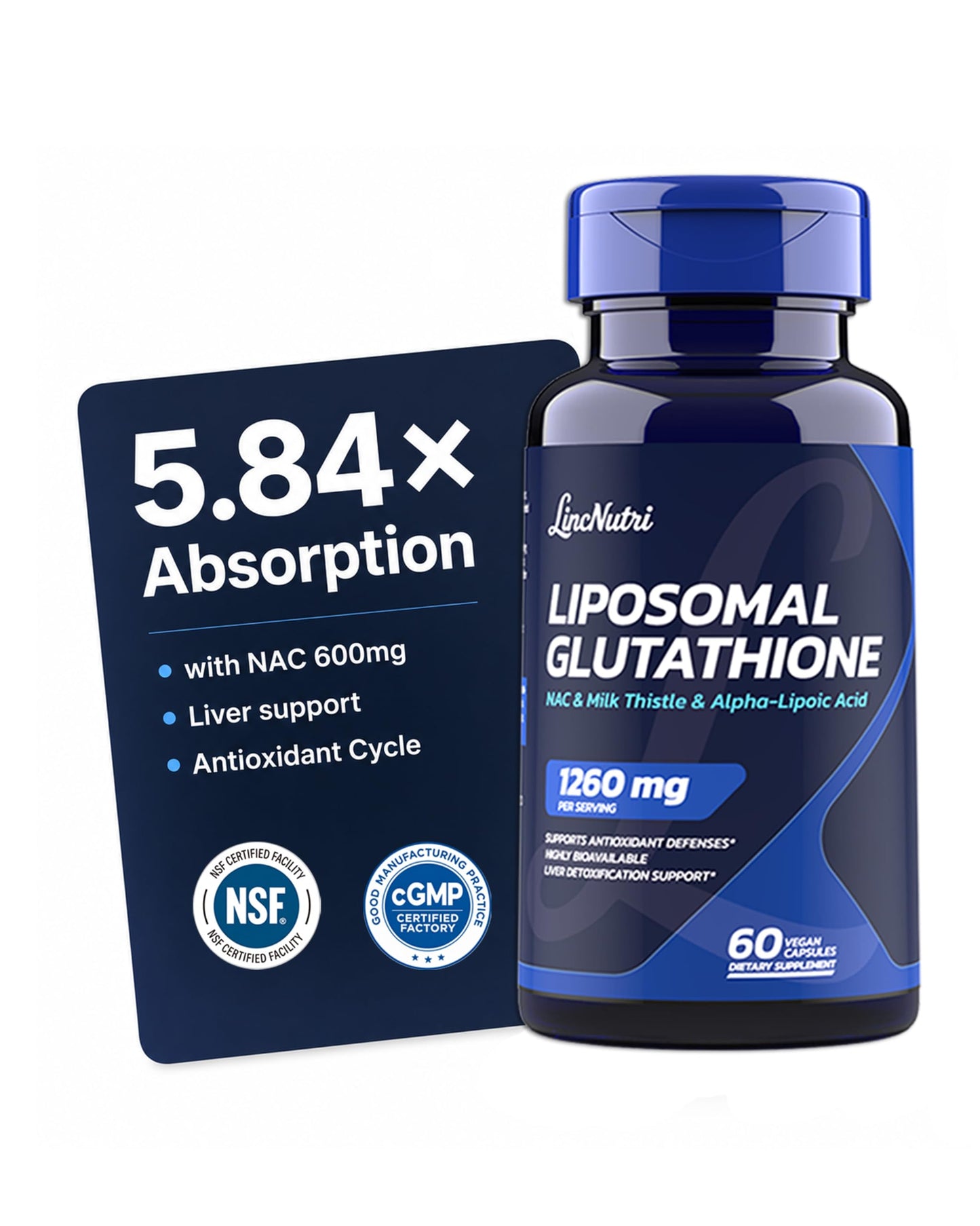 LincNutri Liposomal Glutathione with NAC, Milk Thistle, Selenium & ALA, 60 Capsules