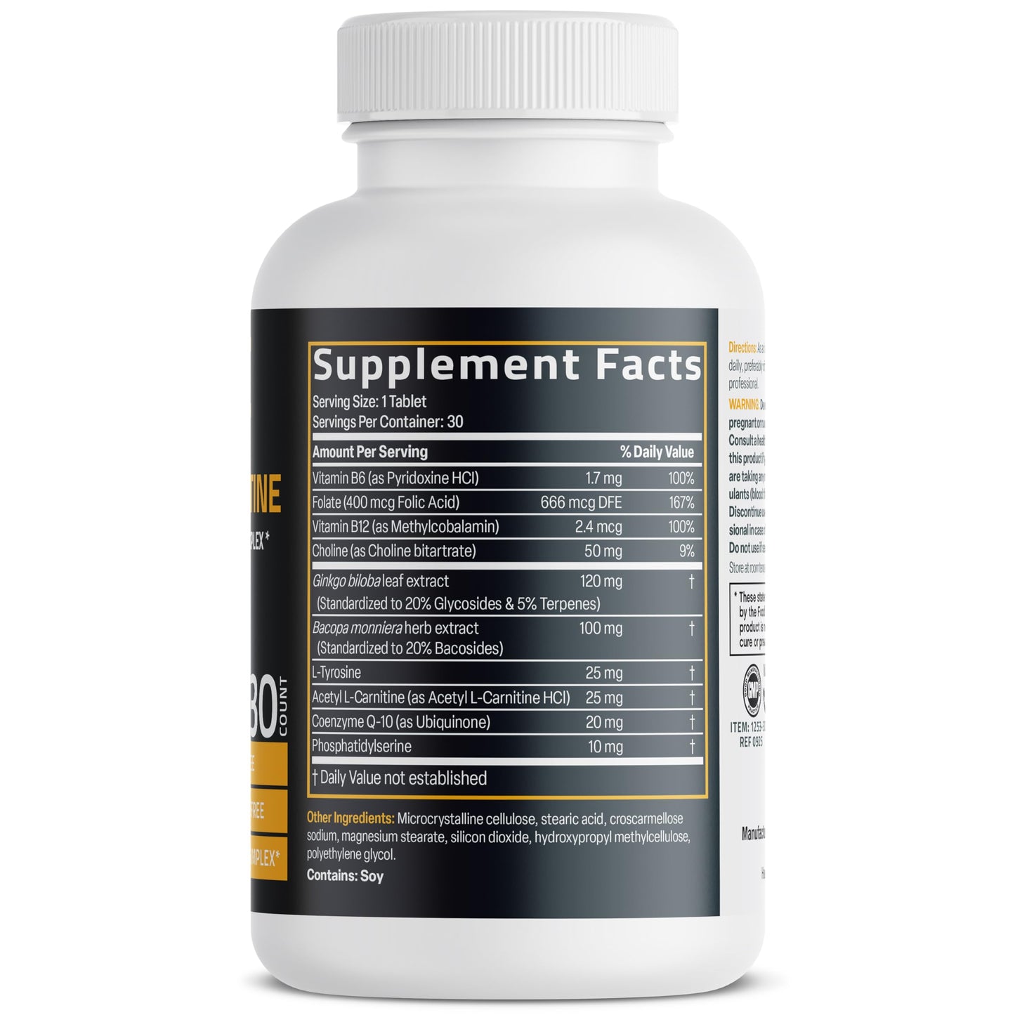 Bronson Ginkgo, Bacopa & Acetyl L-Carnitine Brain & Memory Support Complex with L-Tyrosine, Choline, CoQ10 & Phosphatidylserine Plus Key B Vitamins Non-GMO, 30 Tablets