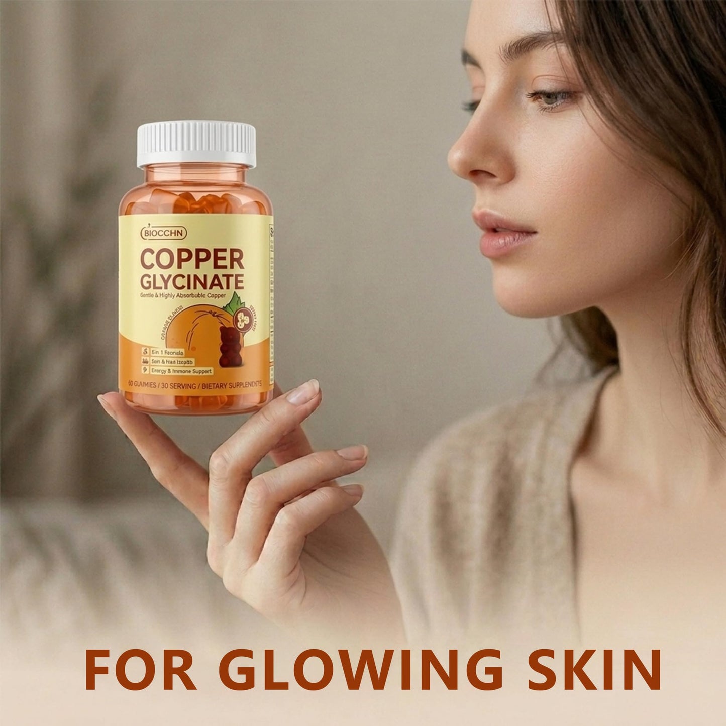 BIOCCHN Copper Glycinate Gummies for Skin & Hair Health, 2 mg Chelated Copper with Vitamin C, B6, B12 & Folate, Sugar-Free, Vegan, 60 Gummies